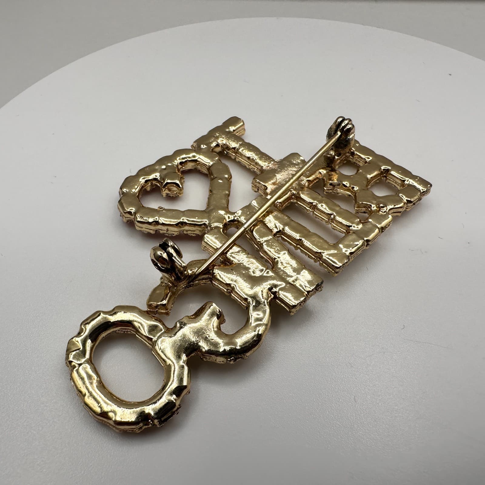 Vintage 80s "I Love Bingo" Heart Gold Tone Pin Brooch Red Rhinestone Jewelry - Thumbnail 6