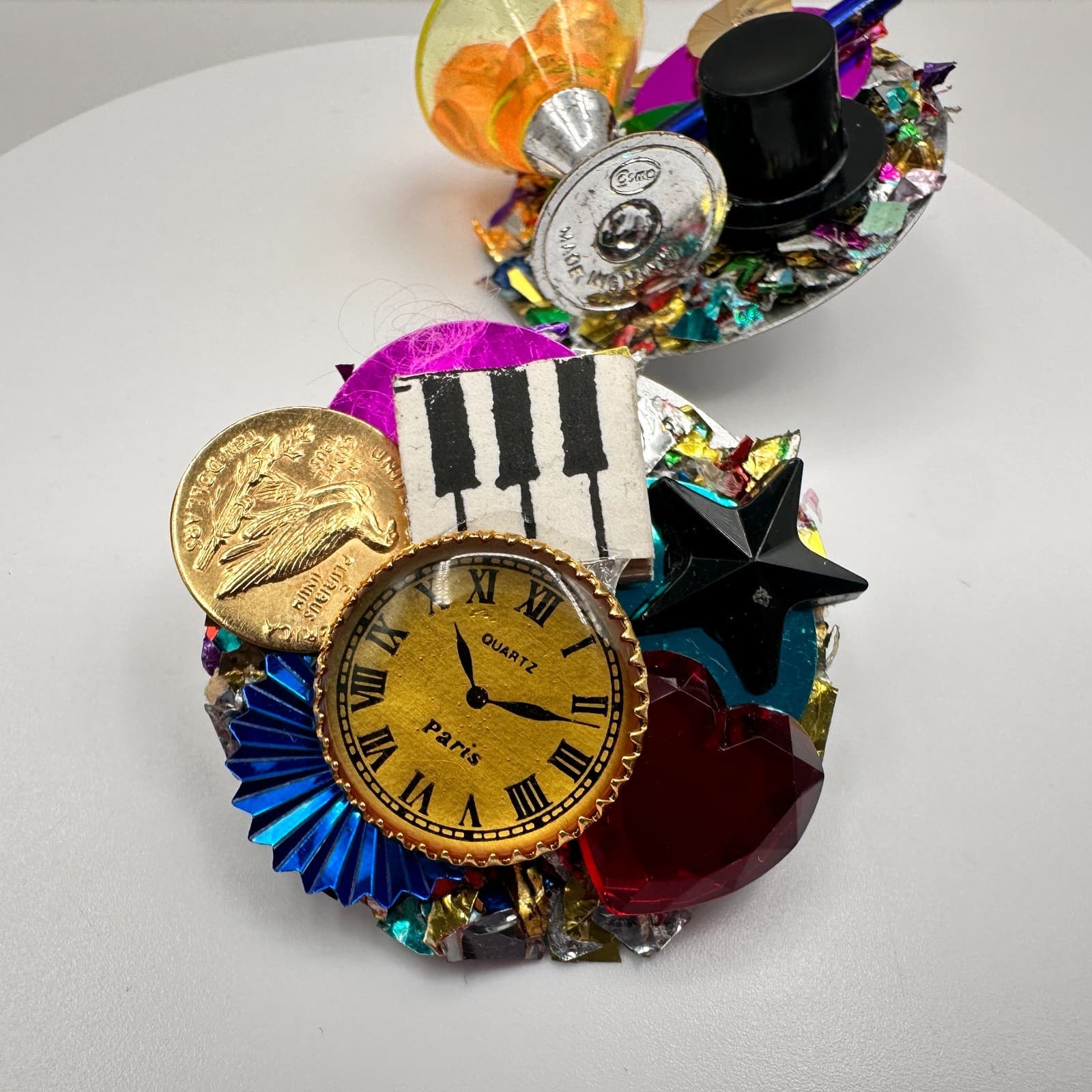 Vintage 90s Avant Garde Cocktail Martini Brooch Silver Tone Multi Colour Jewelry - Thumbnail 8