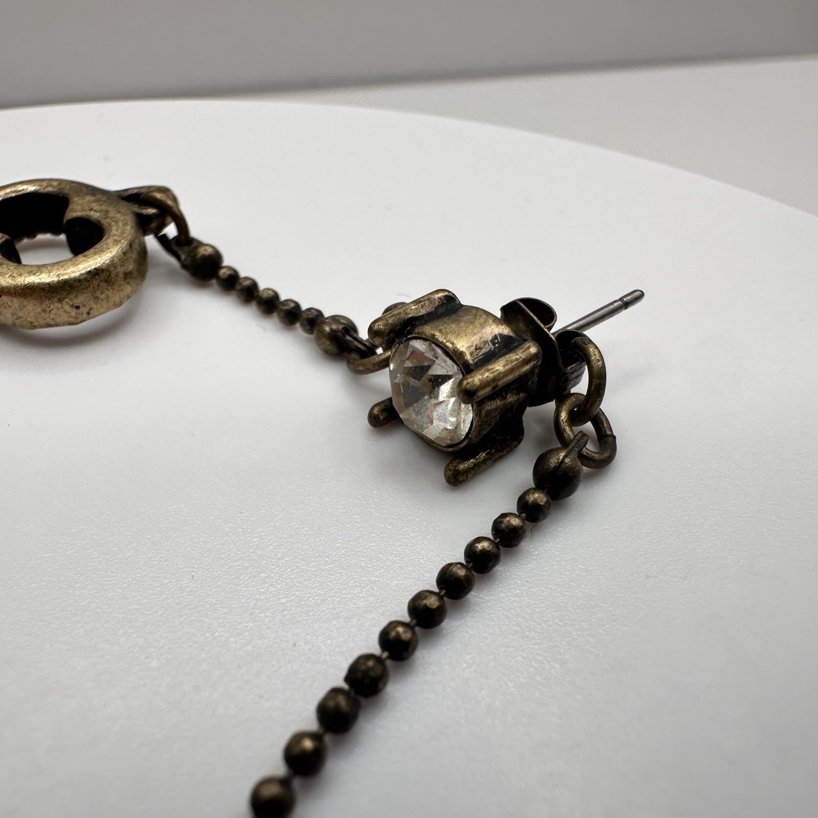 Vintage 70s Brass Tone Skeleton Key Dangle Drop Stud Brooch Pin Crystal Jewelry - Thumbnail 2