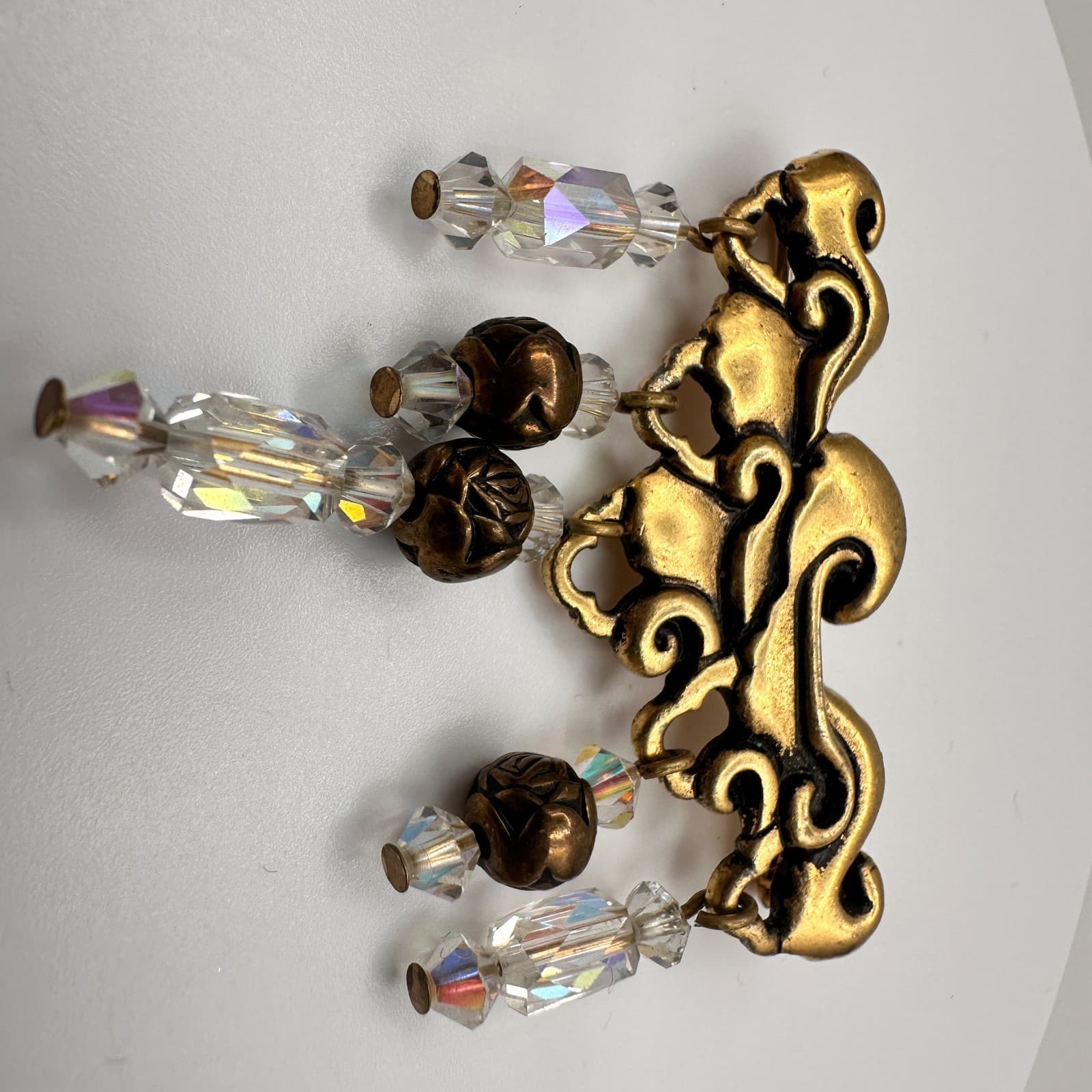 Vintage 80s Ornate Scrollwork Gold Tone Brooch Pin Crystal Bead Dangles Jewelry - Thumbnail 3