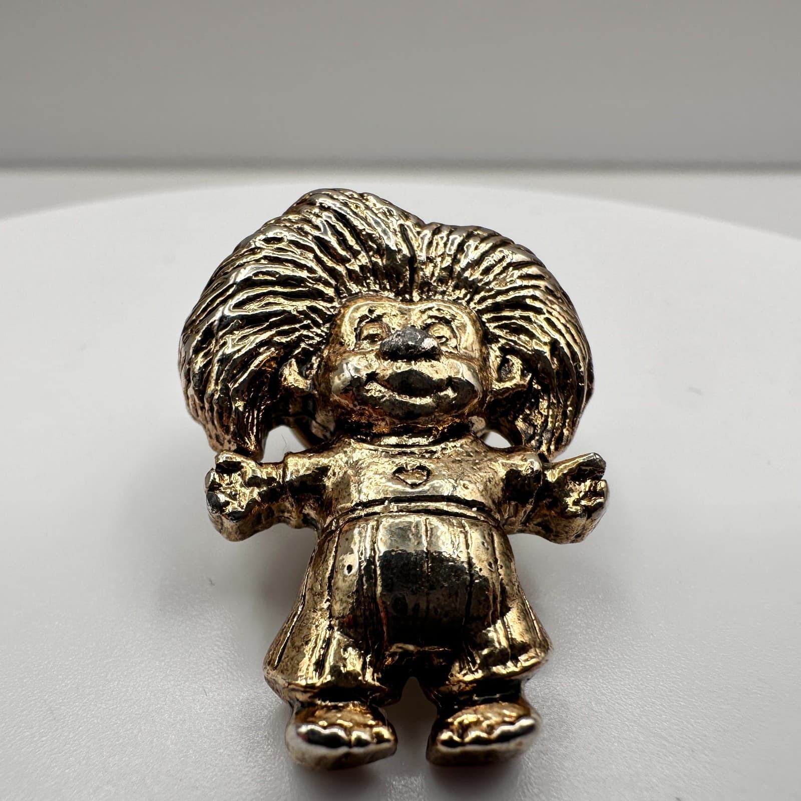 Vintage 70s Gold Tone Troll Doll Charm Pendant Pin Brooch Good Luck Gift Jewelry - Thumbnail 3