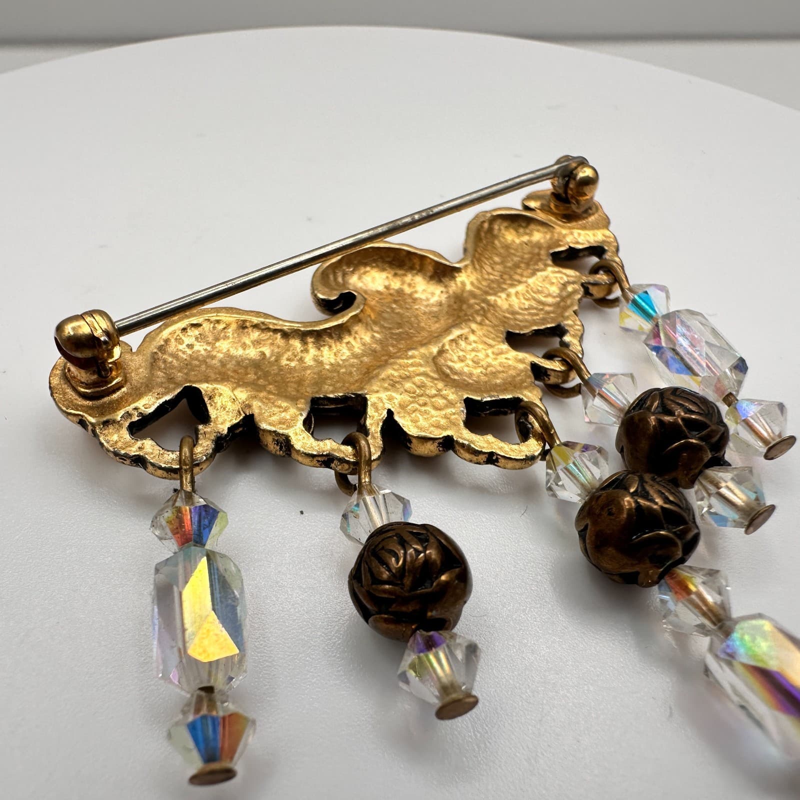 Vintage 80s Ornate Scrollwork Gold Tone Brooch Pin Crystal Bead Dangles Jewelry - Thumbnail 5