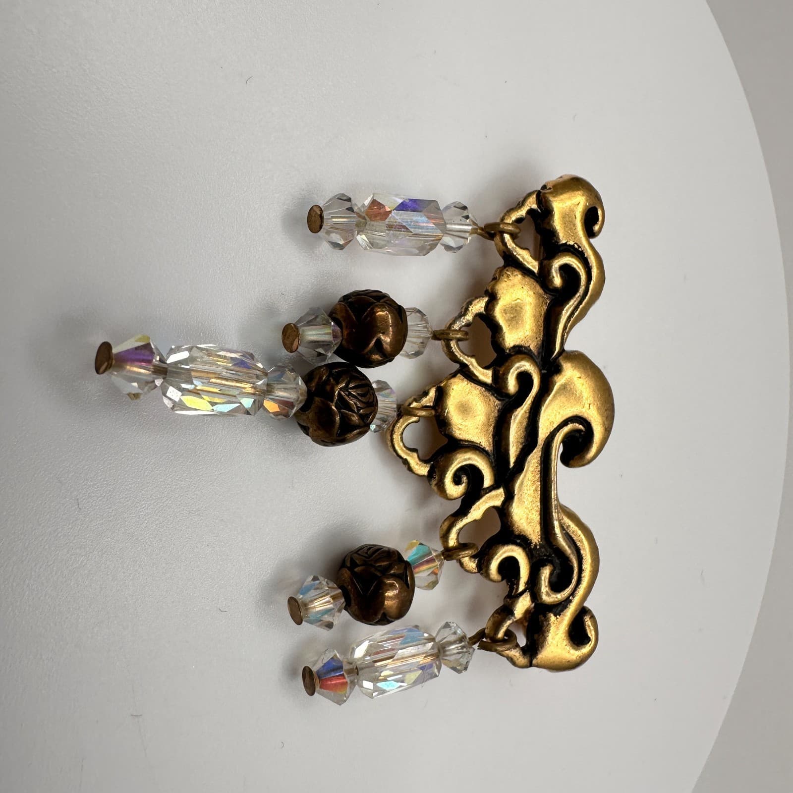 Vintage 80s Ornate Scrollwork Gold Tone Brooch Pin Crystal Bead Dangles Jewelry - Thumbnail 2