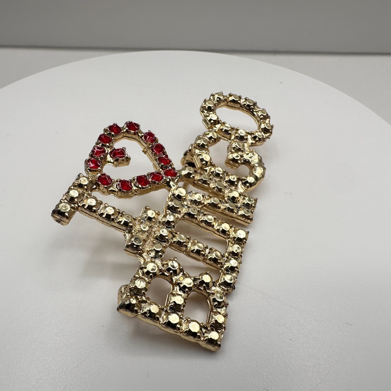 Vintage 80s "I Love Bingo" Heart Gold Tone Pin Brooch Red Rhinestone Jewelry - Thumbnail 5