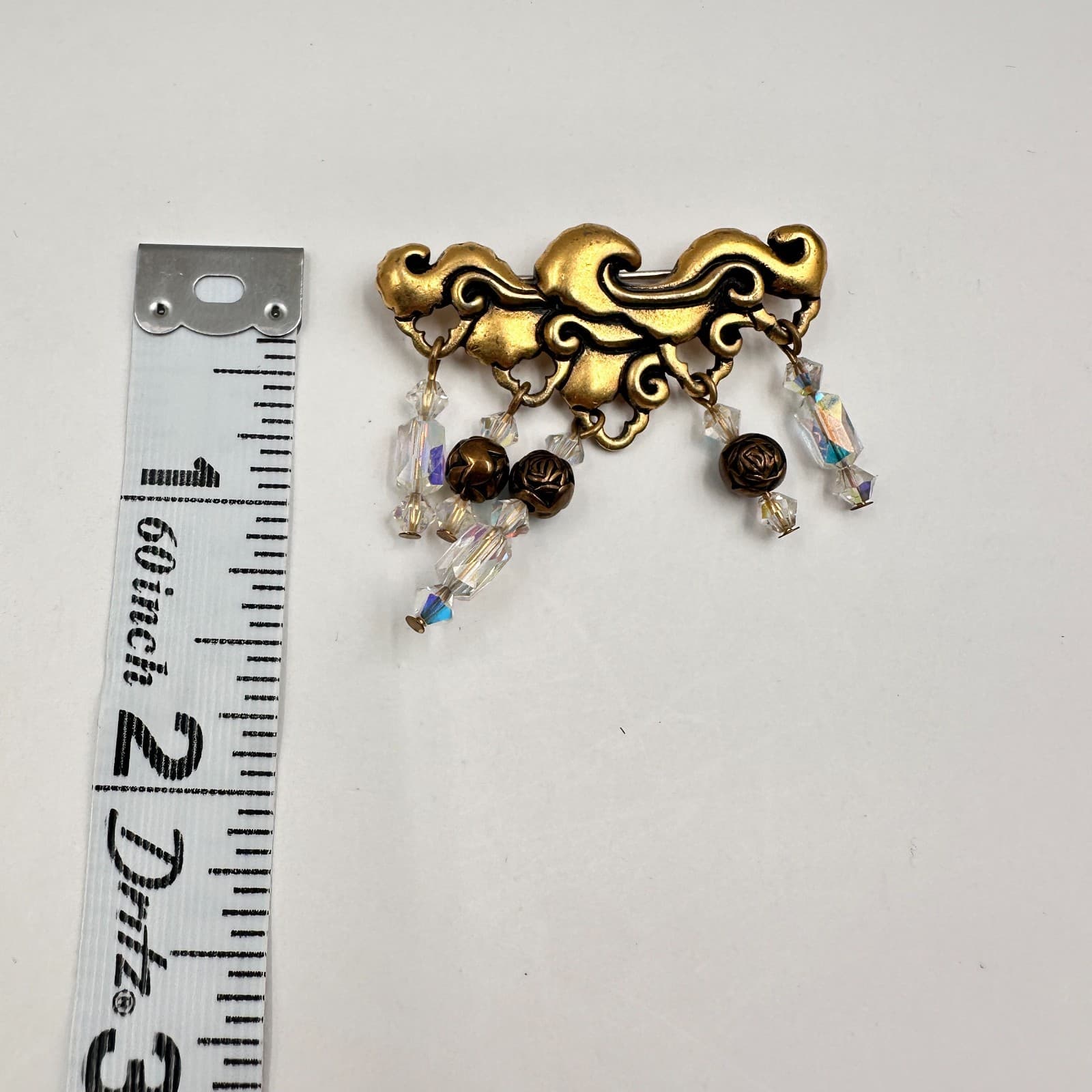 Vintage 80s Ornate Scrollwork Gold Tone Brooch Pin Crystal Bead Dangles Jewelry - Thumbnail 6