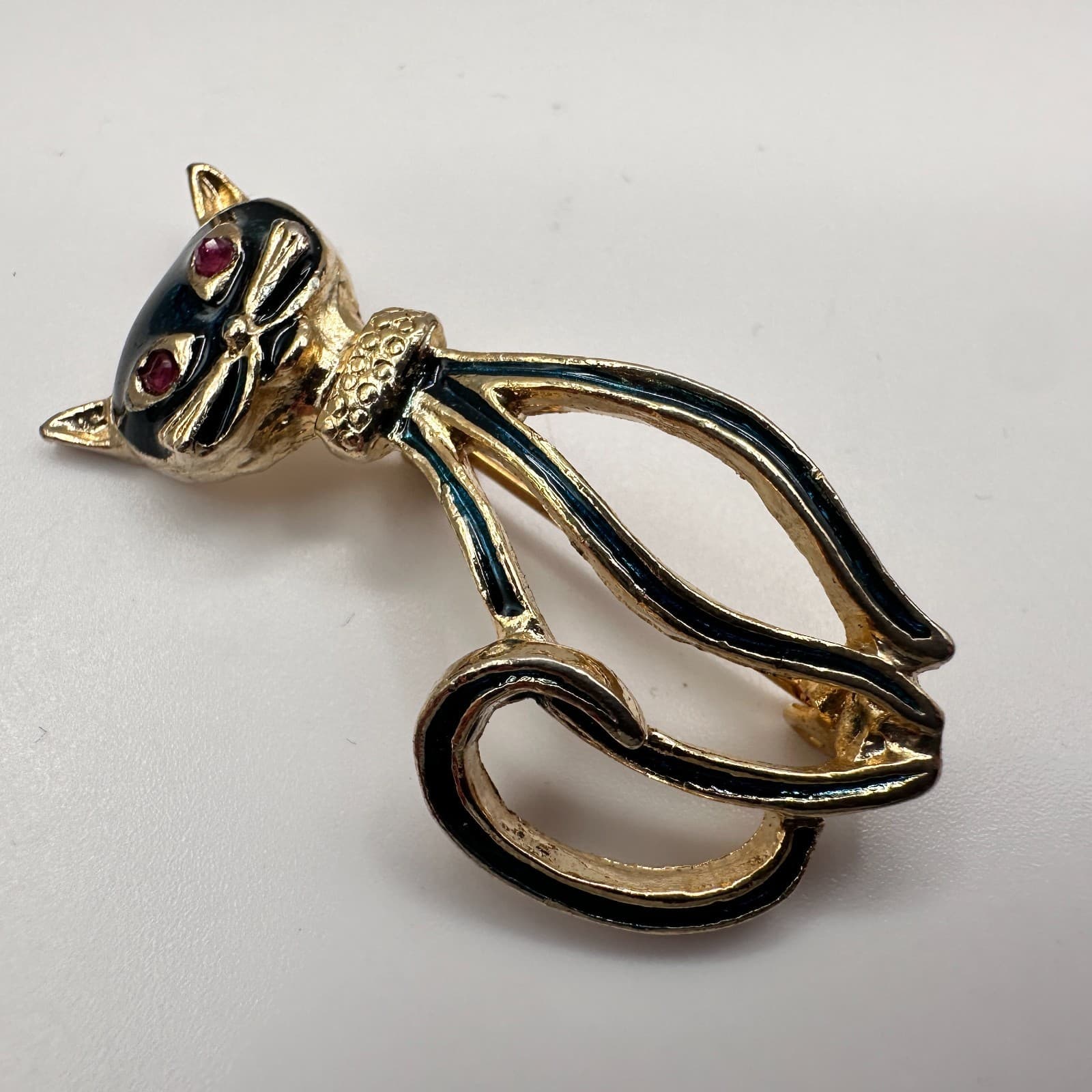 Vintage 80s Black Cat Brooch Gold Tone Red Ruby Eyes Century Modern Pin Jewelry - Thumbnail 4