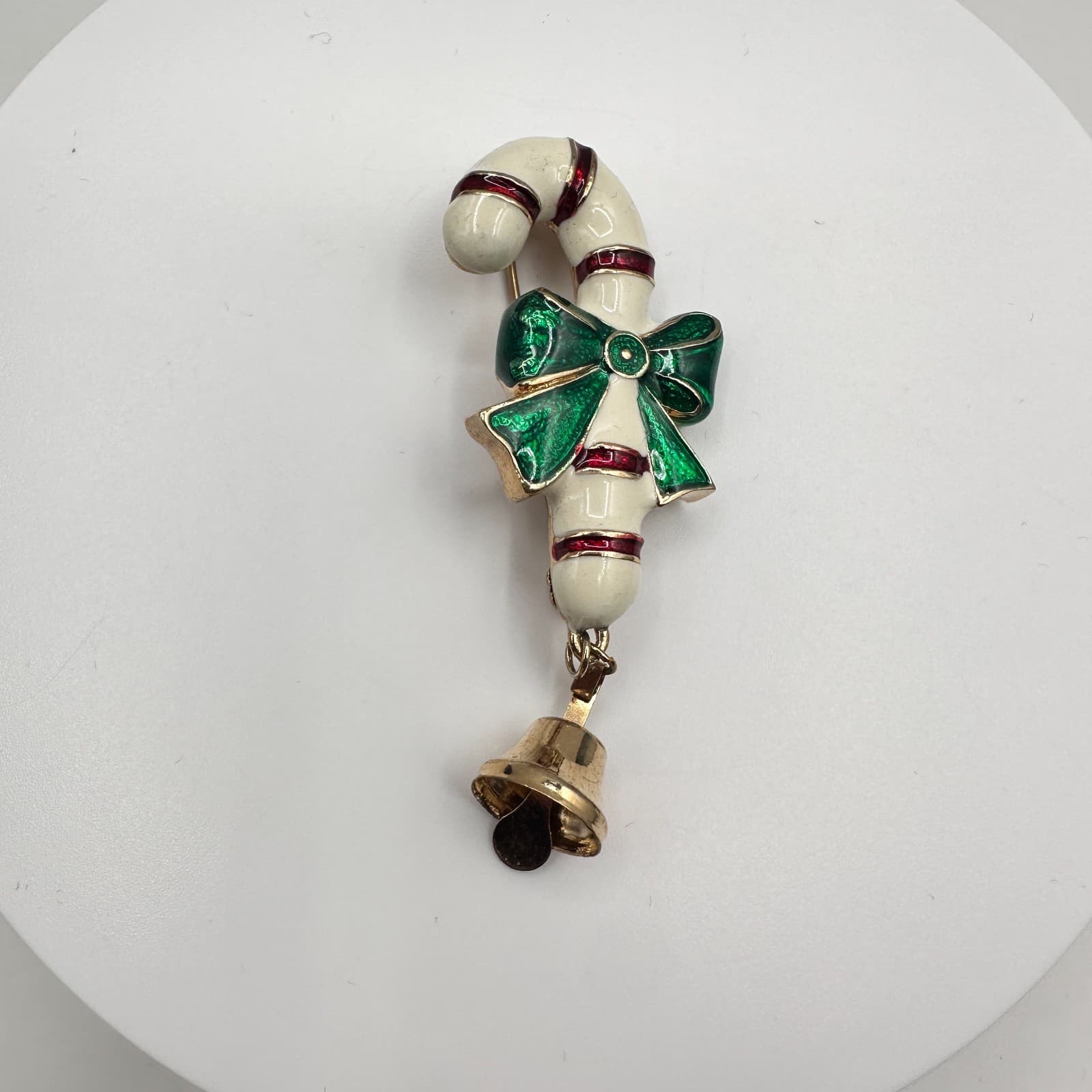 Vintage 80s Christmas Candy Cane Brooch Pin Green Bow Bell Gold Tone Jewelry - Thumbnail 2