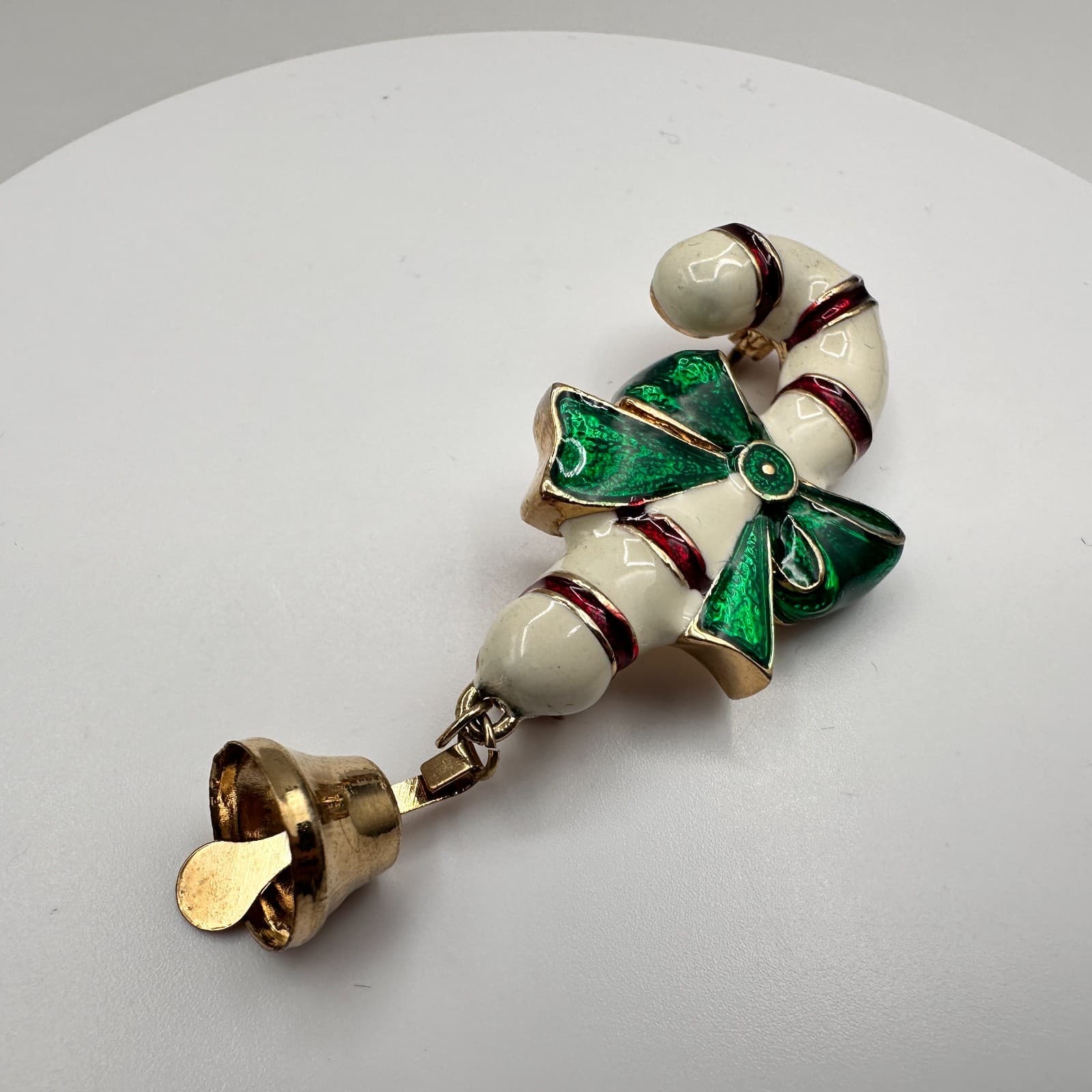 Vintage 80s Christmas Candy Cane Brooch Pin Green Bow Bell Gold Tone Jewelry - Thumbnail 4