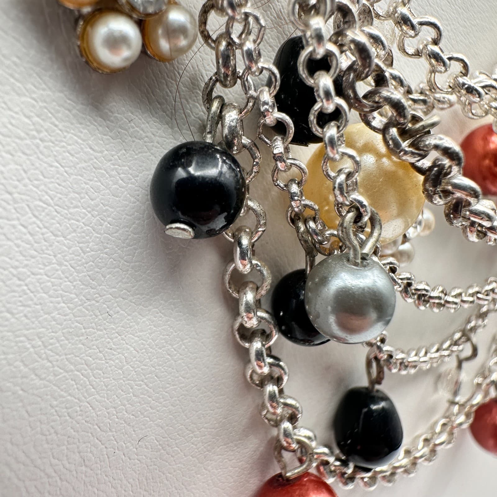 Vintage 90s Strands Pearl Beaded Necklace Statement Silver Tone Fashion Jewelry - Thumbnail 4