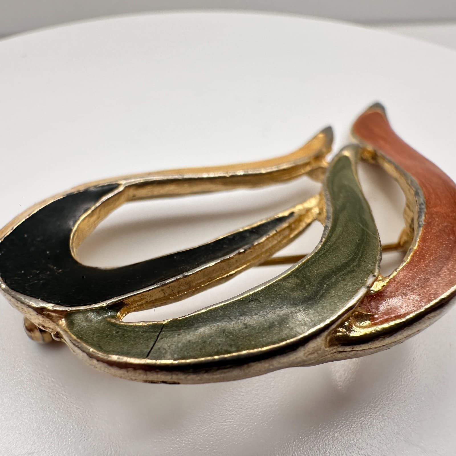 Vintage 80s Enamel Abstract Brooch Pin Brown Green Black Swirl Gold Tone Jewelry - Thumbnail 6