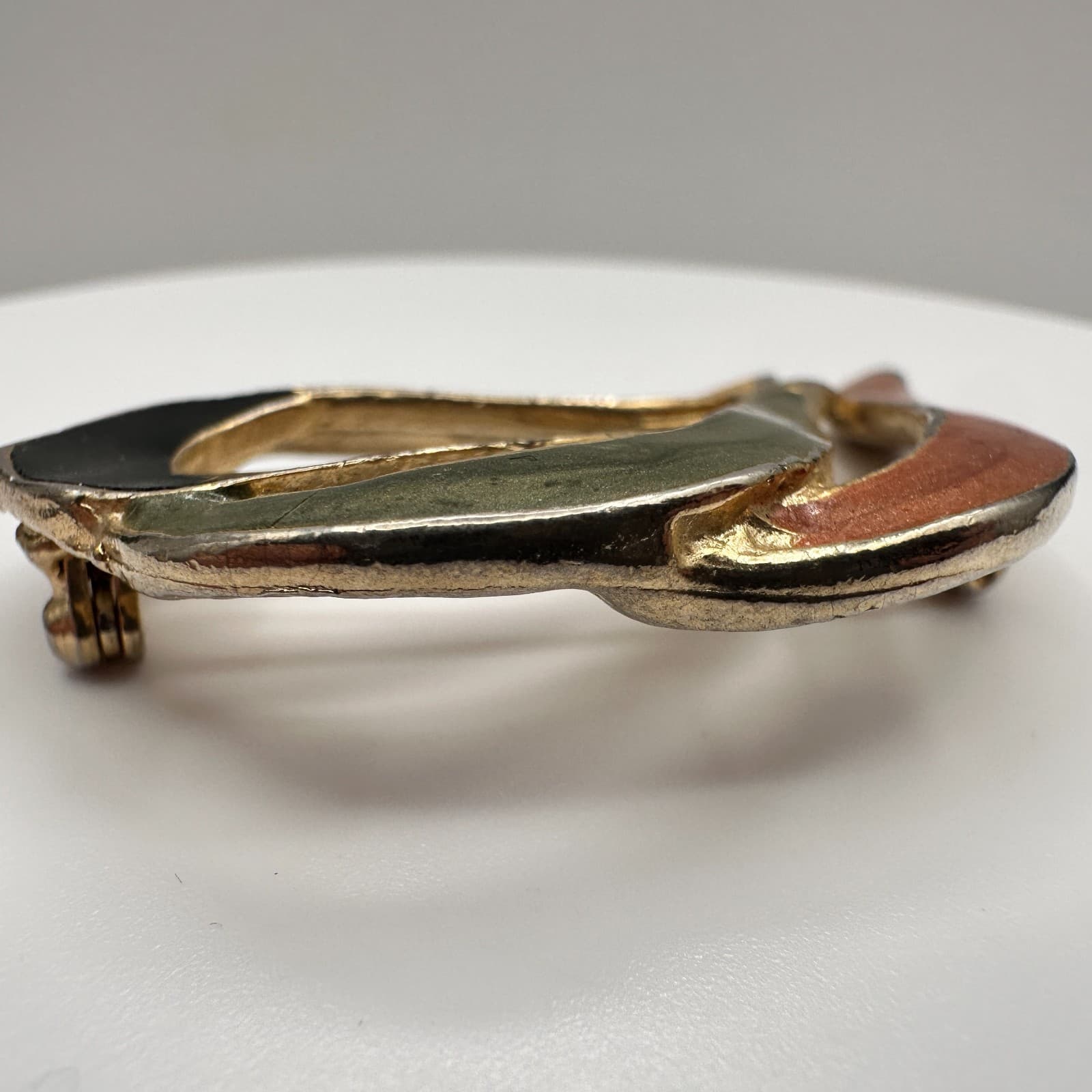 Vintage 80s Enamel Abstract Brooch Pin Brown Green Black Swirl Gold Tone Jewelry - Thumbnail 5