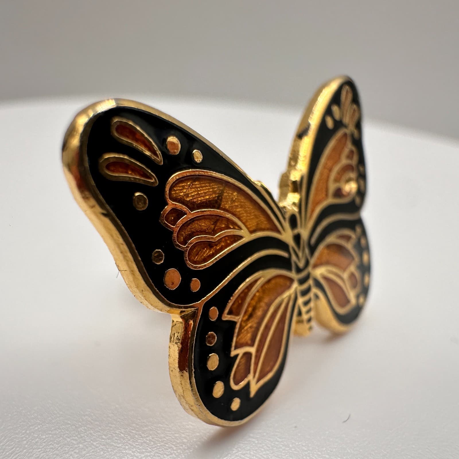Vintage 90s Black Orange Enamel Butterfly Brooch Pin Gold Tone Insect Jewelry - Thumbnail 2