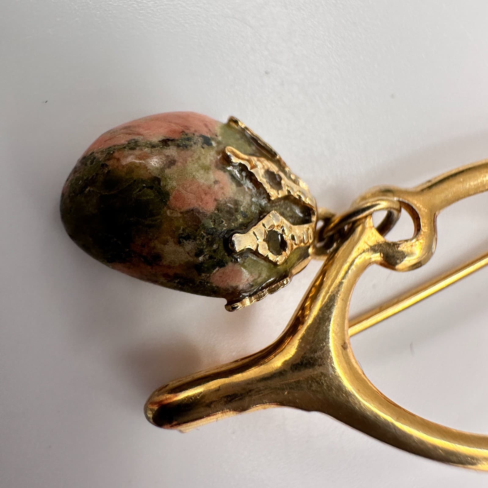 Vintage 80s Gold Tone Wishbone Brooch Dangled Pink Green Natural Stone Jewelry - Thumbnail 4