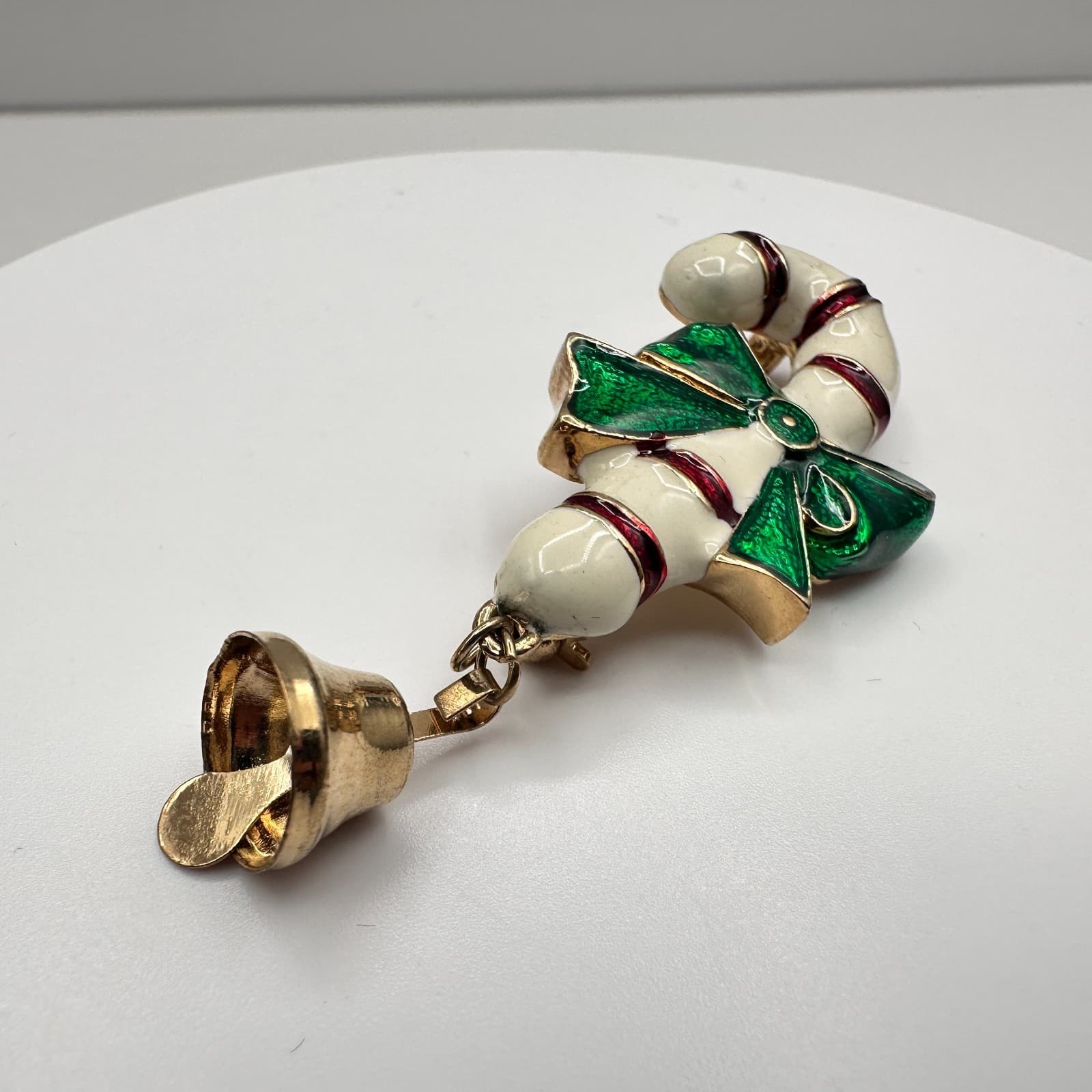 Vintage 80s Christmas Candy Cane Brooch Pin Green Bow Bell Gold Tone Jewelry - Thumbnail 3