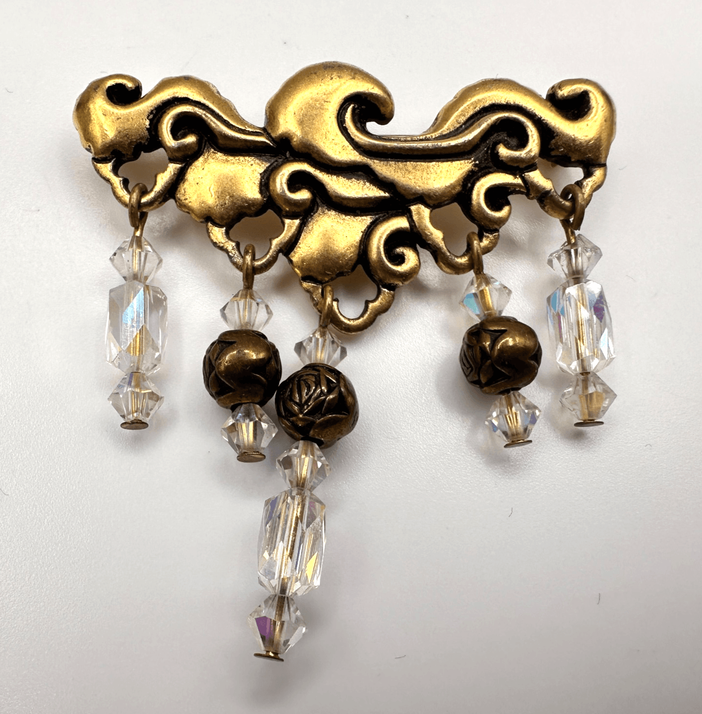 Vintage 80s Ornate Scrollwork Gold Tone Brooch Pin Crystal Bead Dangles Jewelry - Image 1