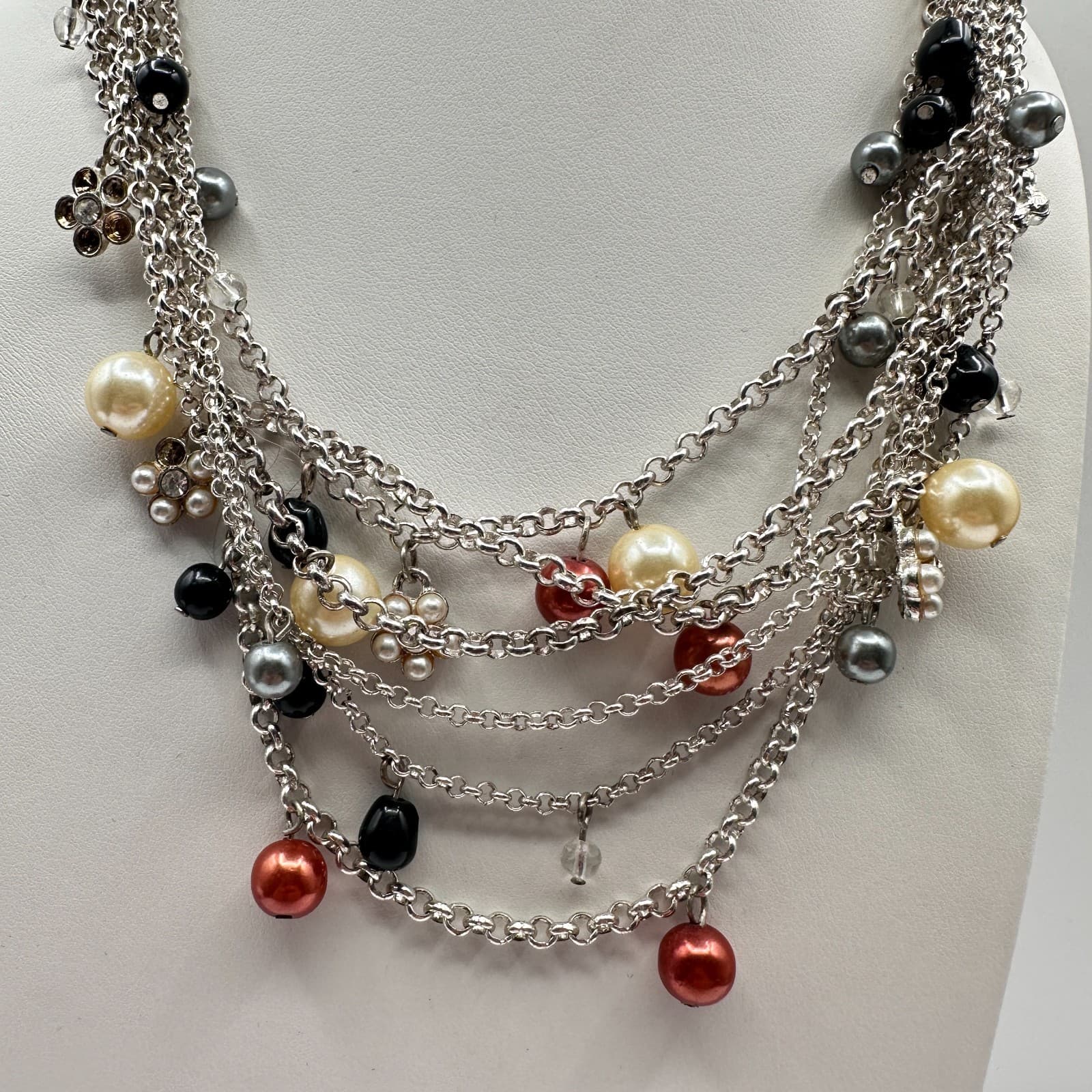 Vintage 90s Strands Pearl Beaded Necklace Statement Silver Tone Fashion Jewelry - Thumbnail 2