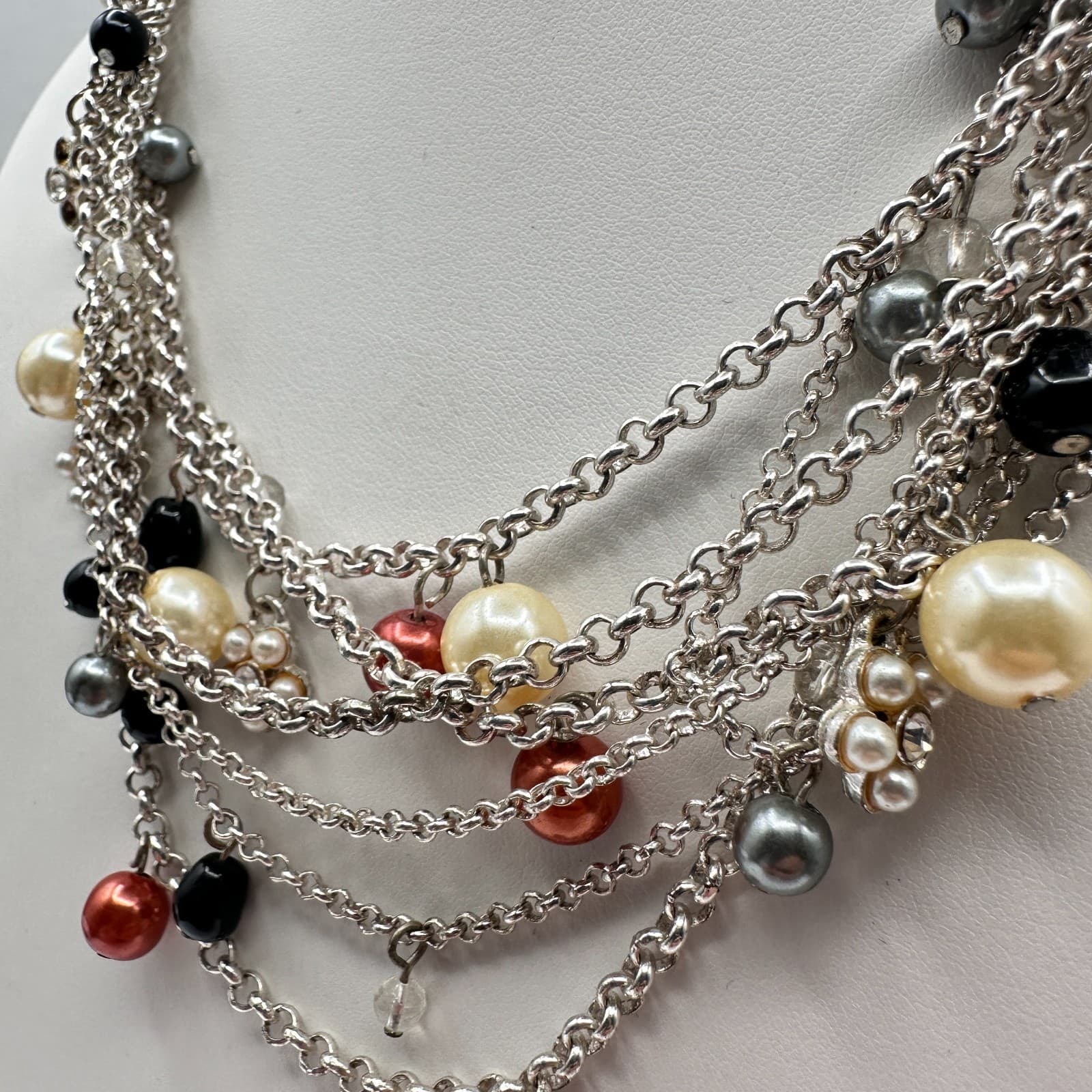 Vintage 90s Strands Pearl Beaded Necklace Statement Silver Tone Fashion Jewelry - Thumbnail 7