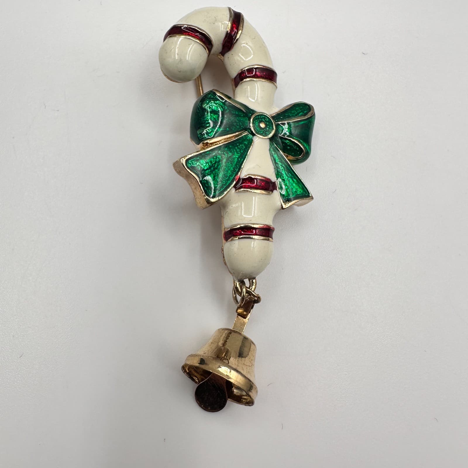 Vintage 80s Christmas Candy Cane Brooch Pin Green Bow Bell Gold Tone Jewelry - Image 1