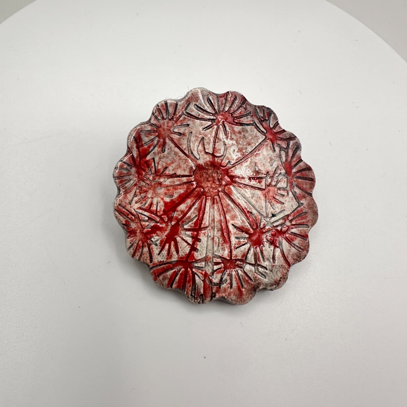 Vintage 80s Red White Ceramic Abstract Starburst Trinket Dish Pin Tray Jewelry - Thumbnail 2