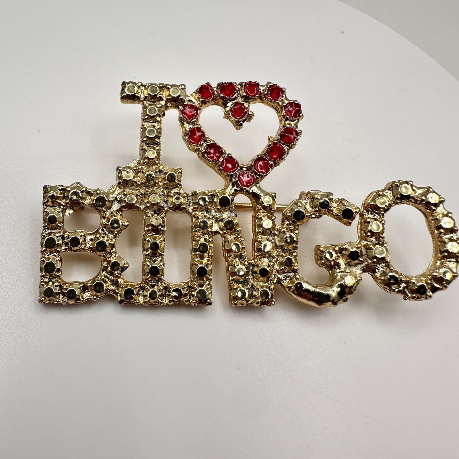 Vintage 80s "I Love Bingo" Heart Gold Tone Pin Brooch Red Rhinestone Jewelry - Thumbnail 2