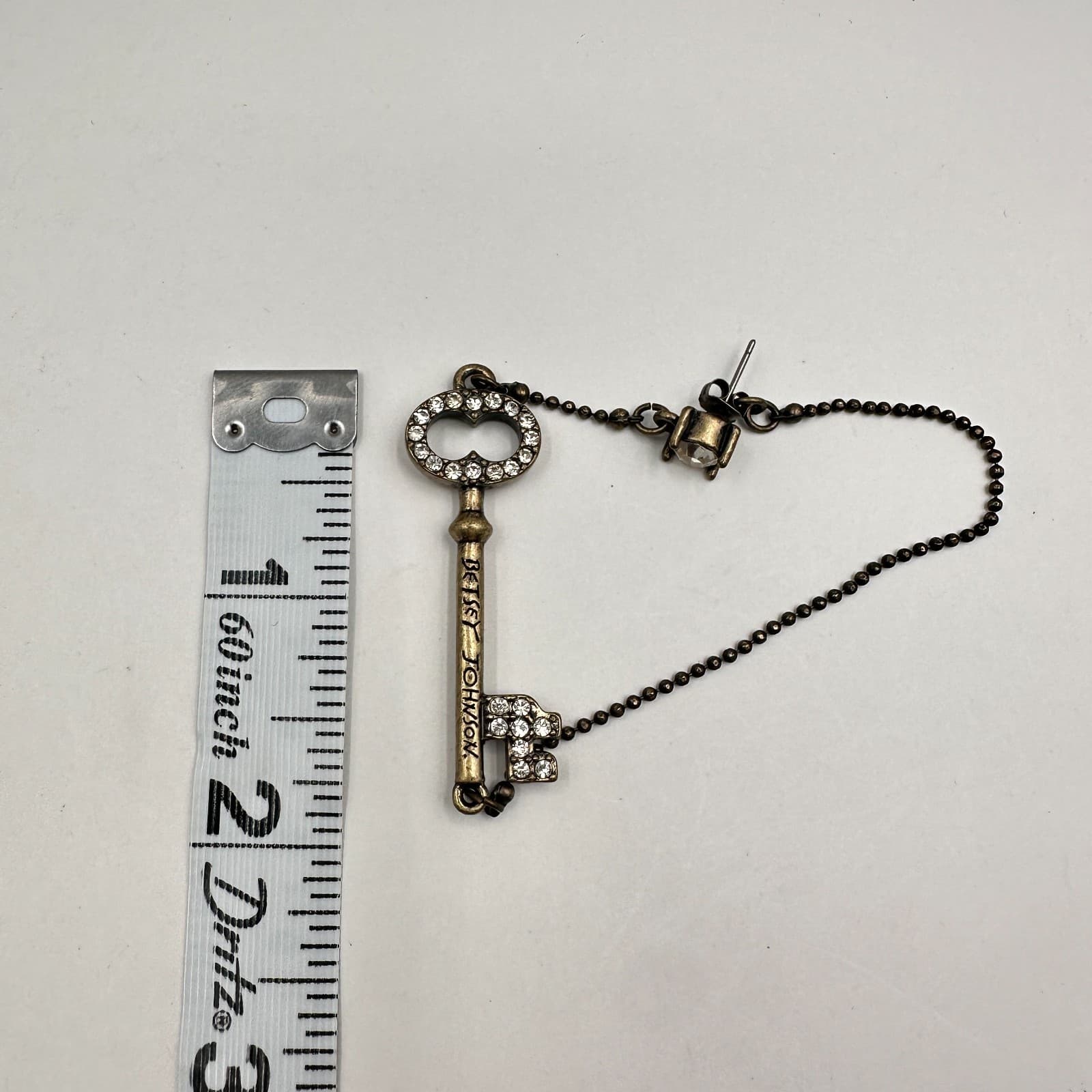 Vintage 70s Brass Tone Skeleton Key Dangle Drop Stud Brooch Pin Crystal Jewelry - Thumbnail 10