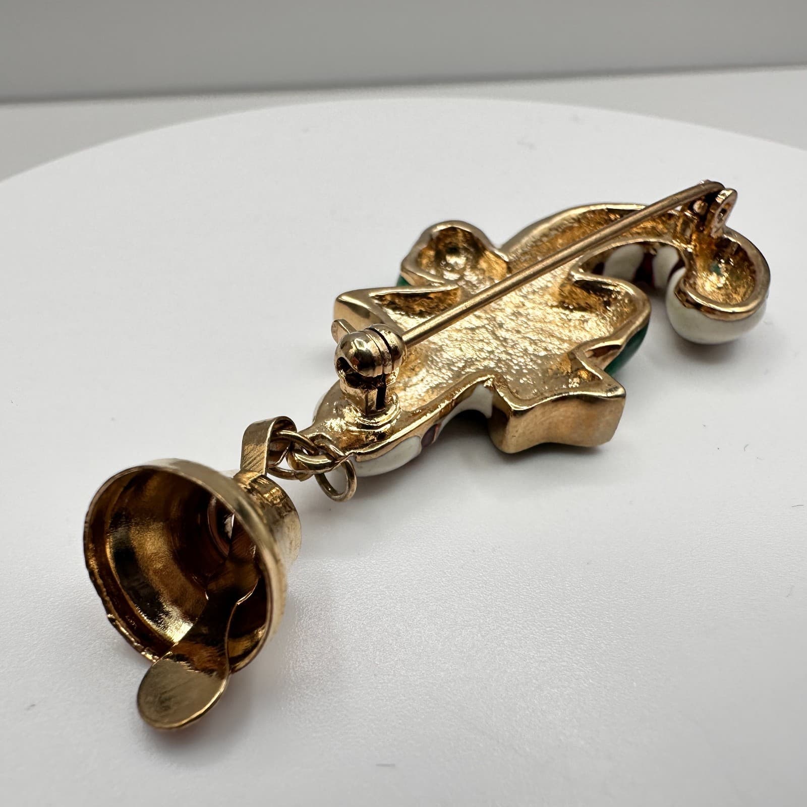 Vintage 80s Christmas Candy Cane Brooch Pin Green Bow Bell Gold Tone Jewelry - Thumbnail 5