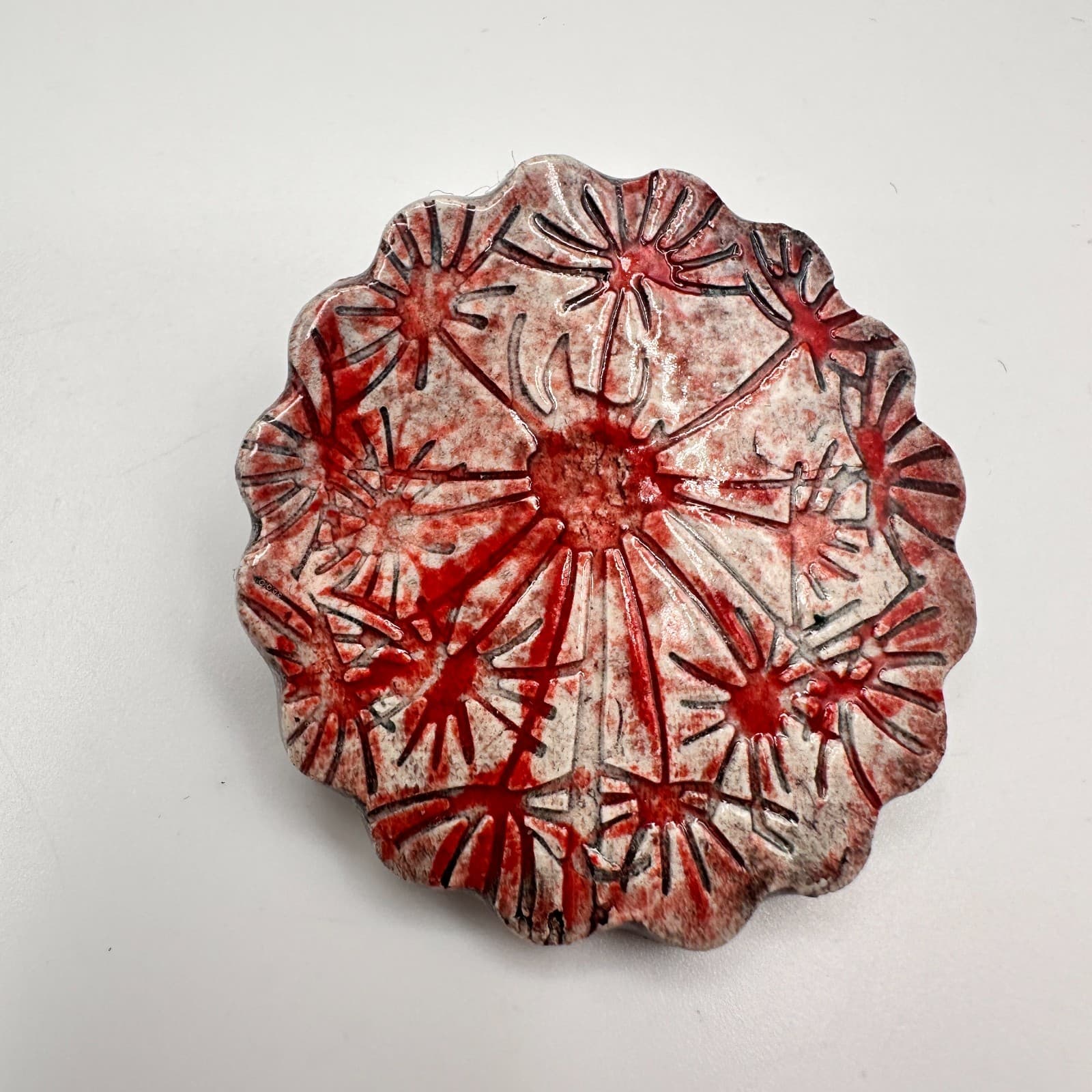 Vintage 80s Red White Ceramic Abstract Starburst Trinket Dish Pin Tray Jewelry - Image 1