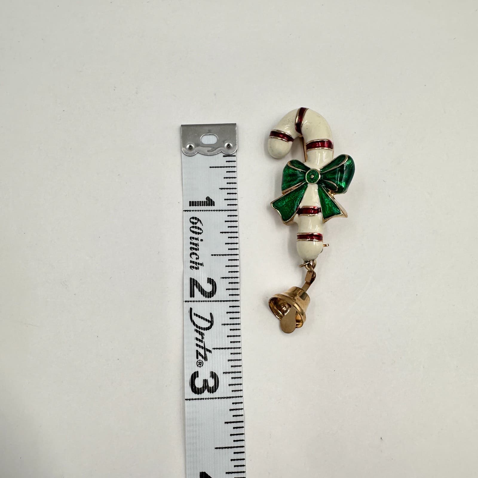 Vintage 80s Christmas Candy Cane Brooch Pin Green Bow Bell Gold Tone Jewelry - Thumbnail 7