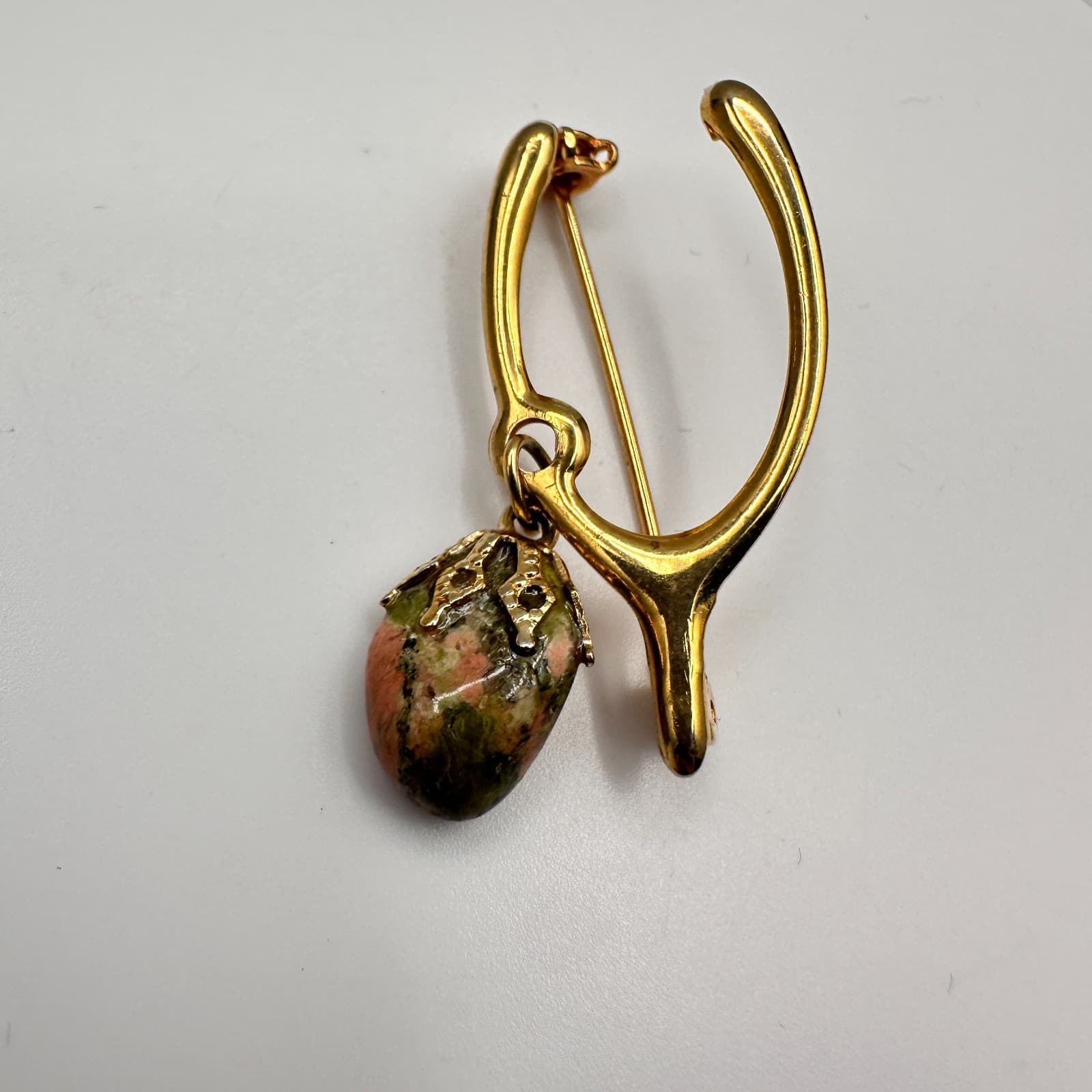 Vintage 80s Gold Tone Wishbone Brooch Dangled Pink Green Natural Stone Jewelry - Image 1