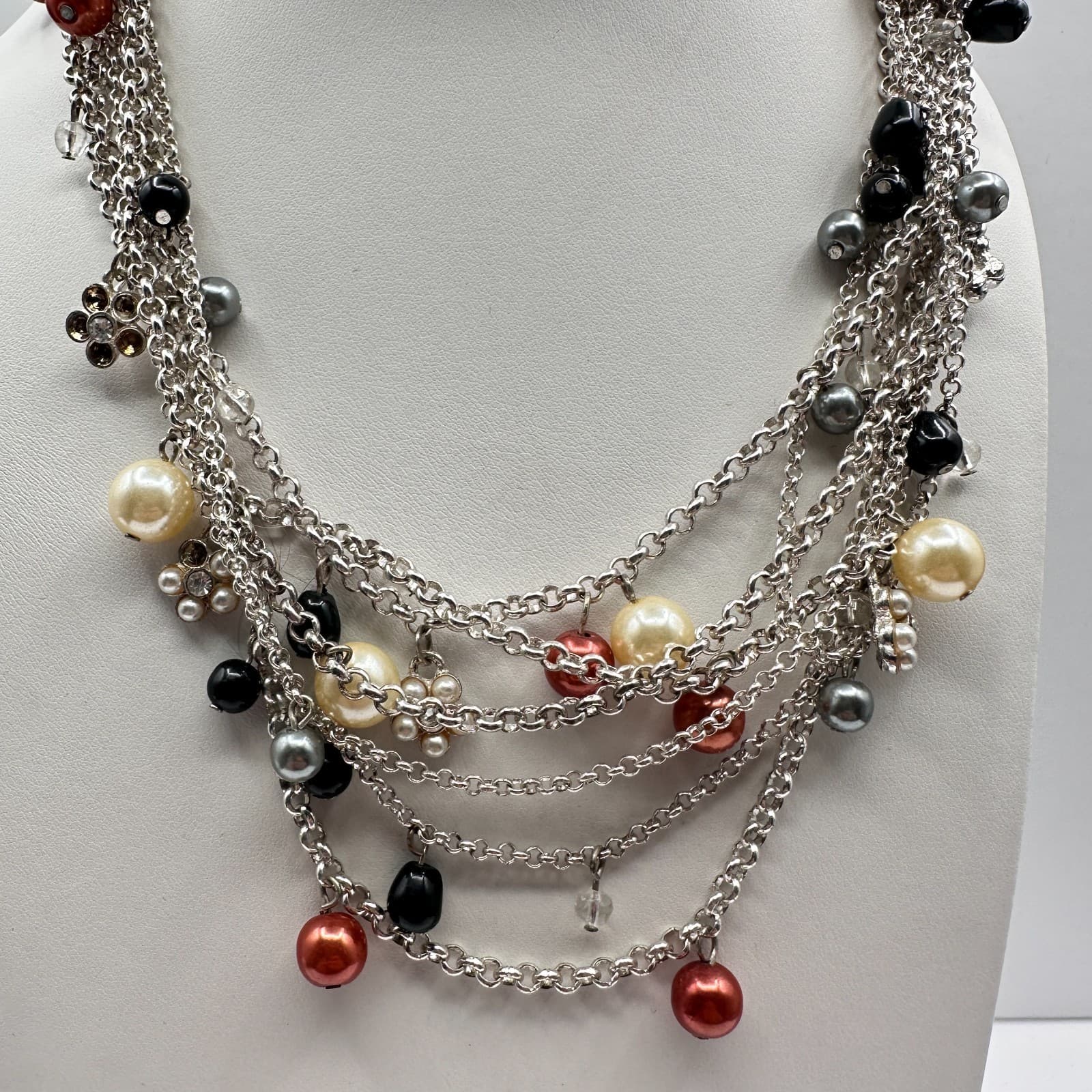 Vintage 90s Strands Pearl Beaded Necklace Statement Silver Tone Fashion Jewelry - Thumbnail 9