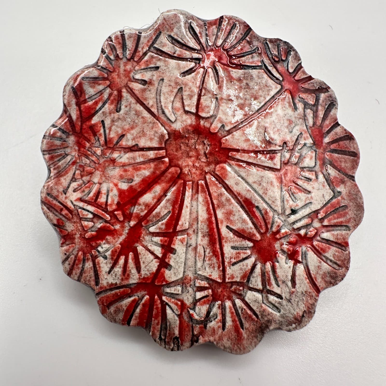 Vintage 80s Red White Ceramic Abstract Starburst Trinket Dish Pin Tray Jewelry - Thumbnail 3