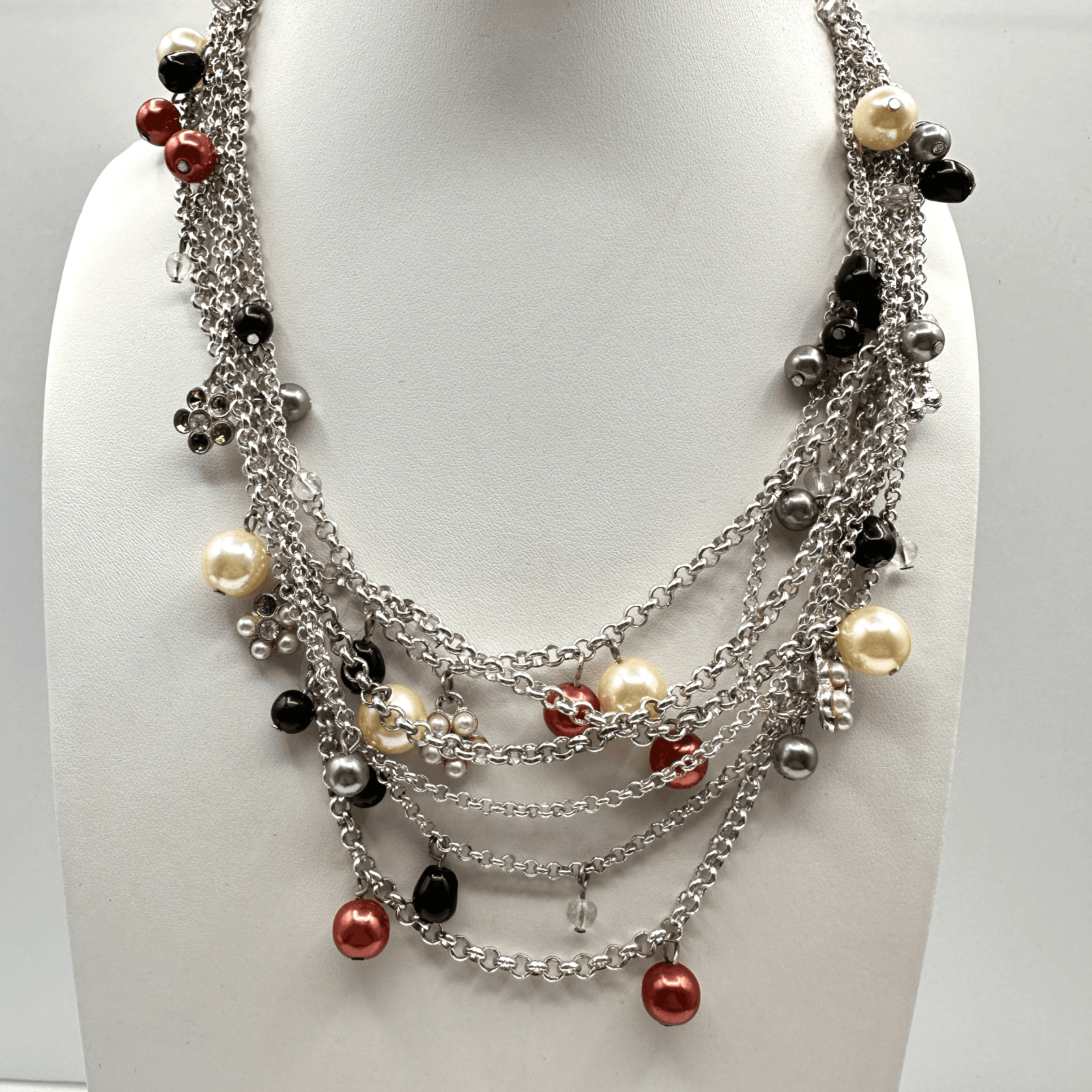 Vintage 90s Strands Pearl Beaded Necklace Statement Silver Tone Fashion Jewelry - Image 1