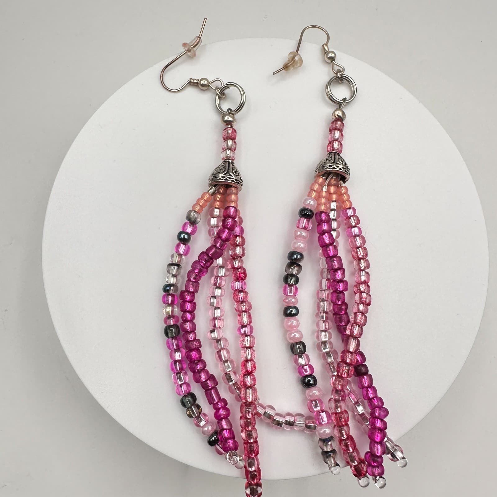 Vintage Y2K Beaded Tassel Dangle Earrings Silver Tone Boho Statement Jewelry - Thumbnail 2