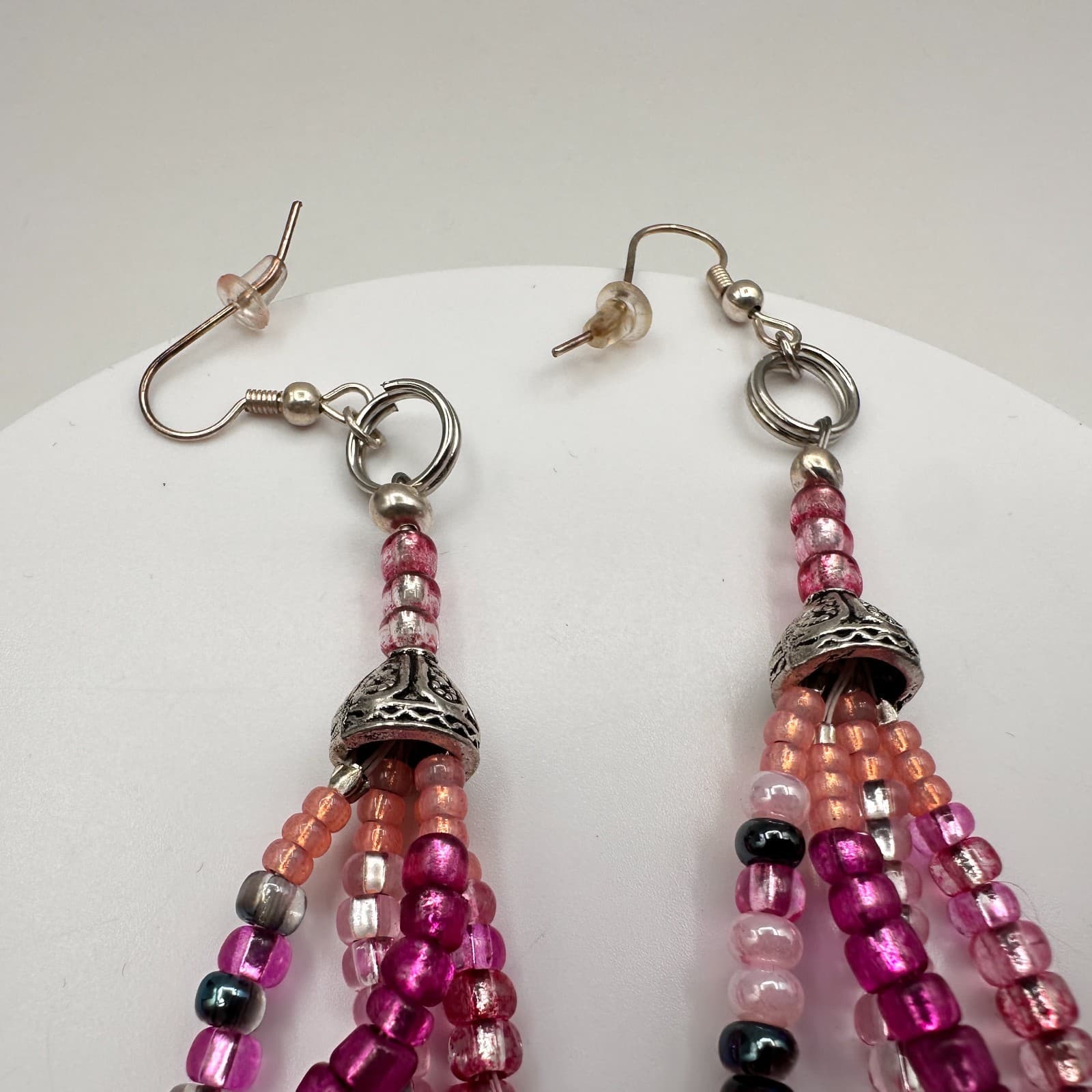 Vintage Y2K Beaded Tassel Dangle Earrings Silver Tone Boho Statement Jewelry - Thumbnail 4