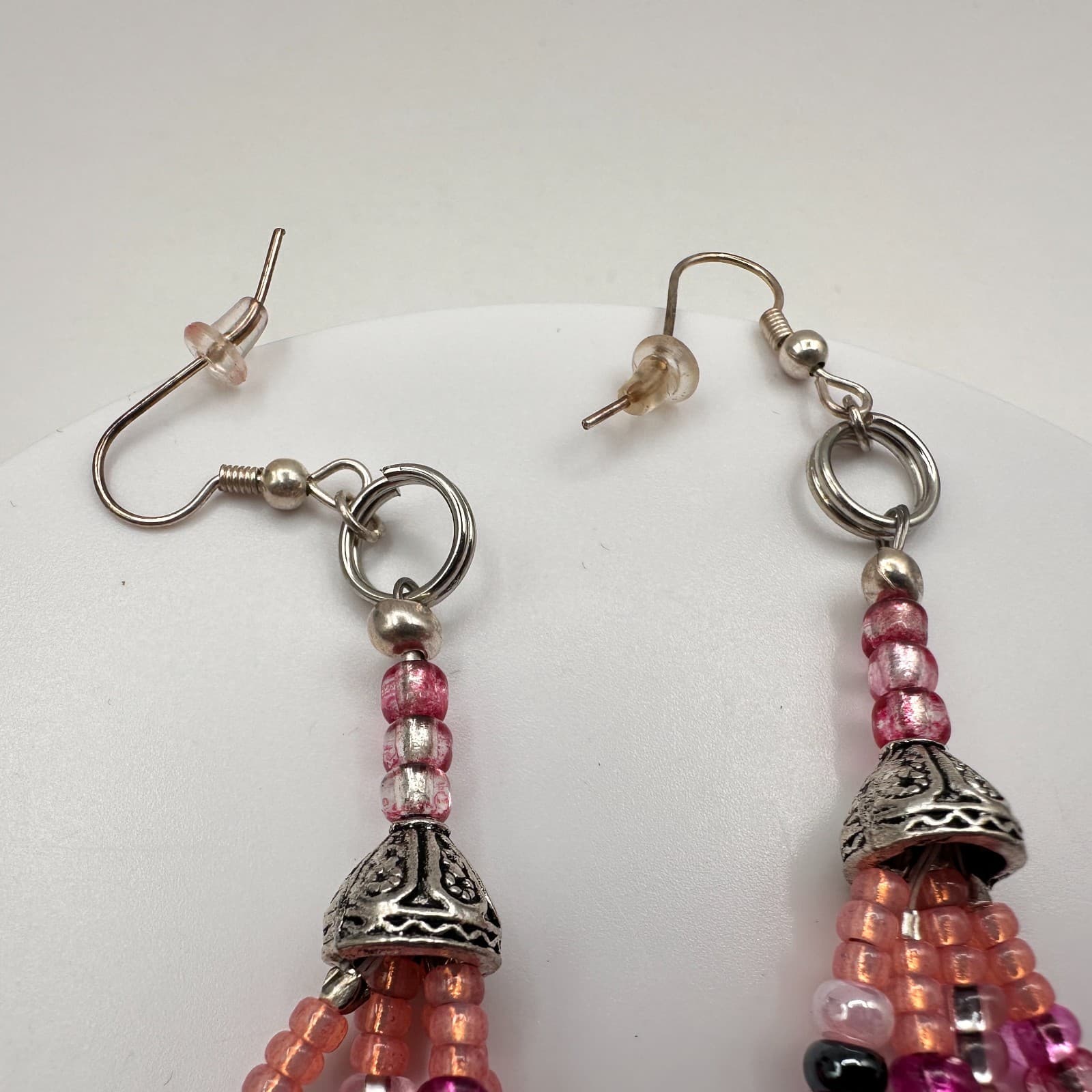 Vintage Y2K Beaded Tassel Dangle Earrings Silver Tone Boho Statement Jewelry - Thumbnail 5