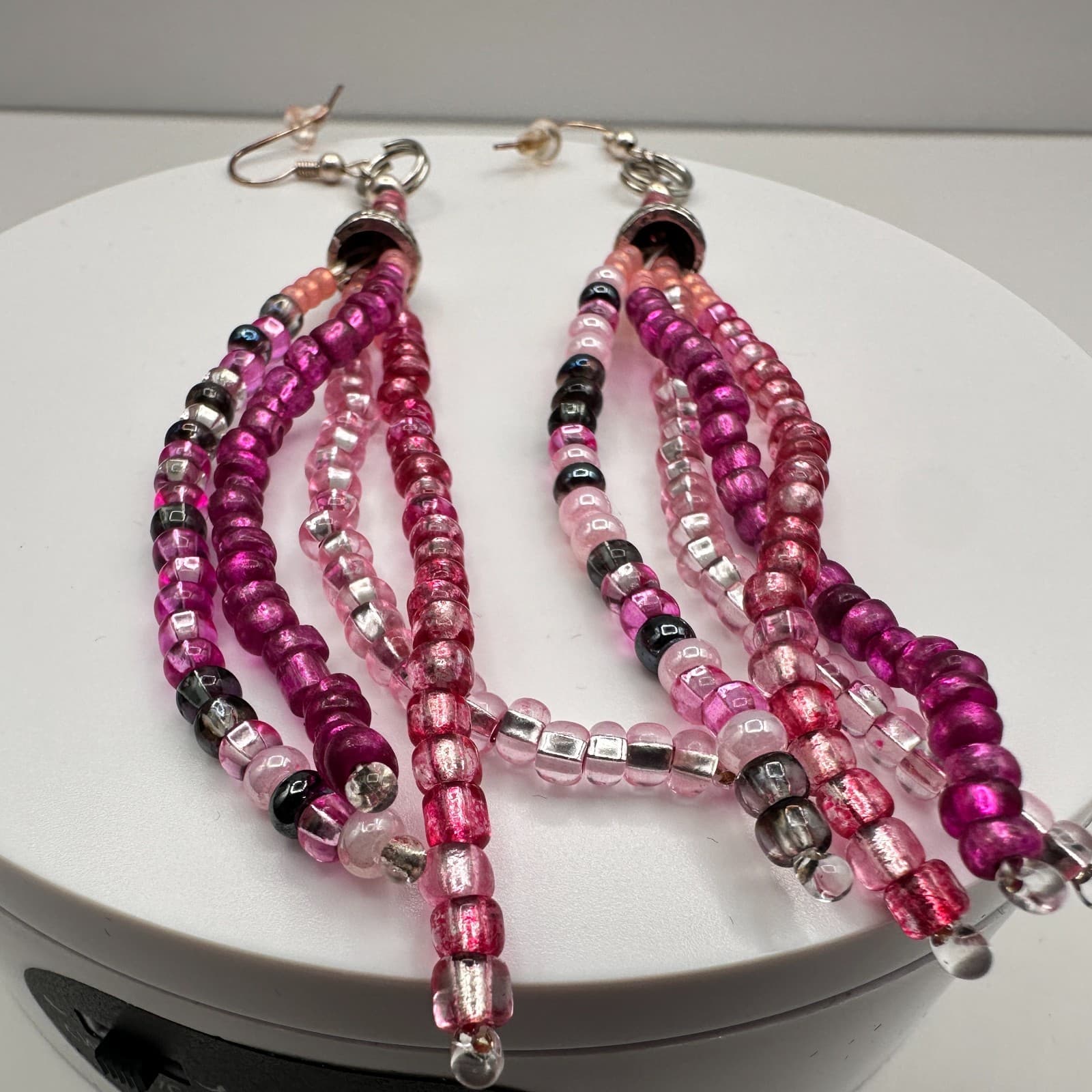 Vintage Y2K Beaded Tassel Dangle Earrings Silver Tone Boho Statement Jewelry - Thumbnail 3