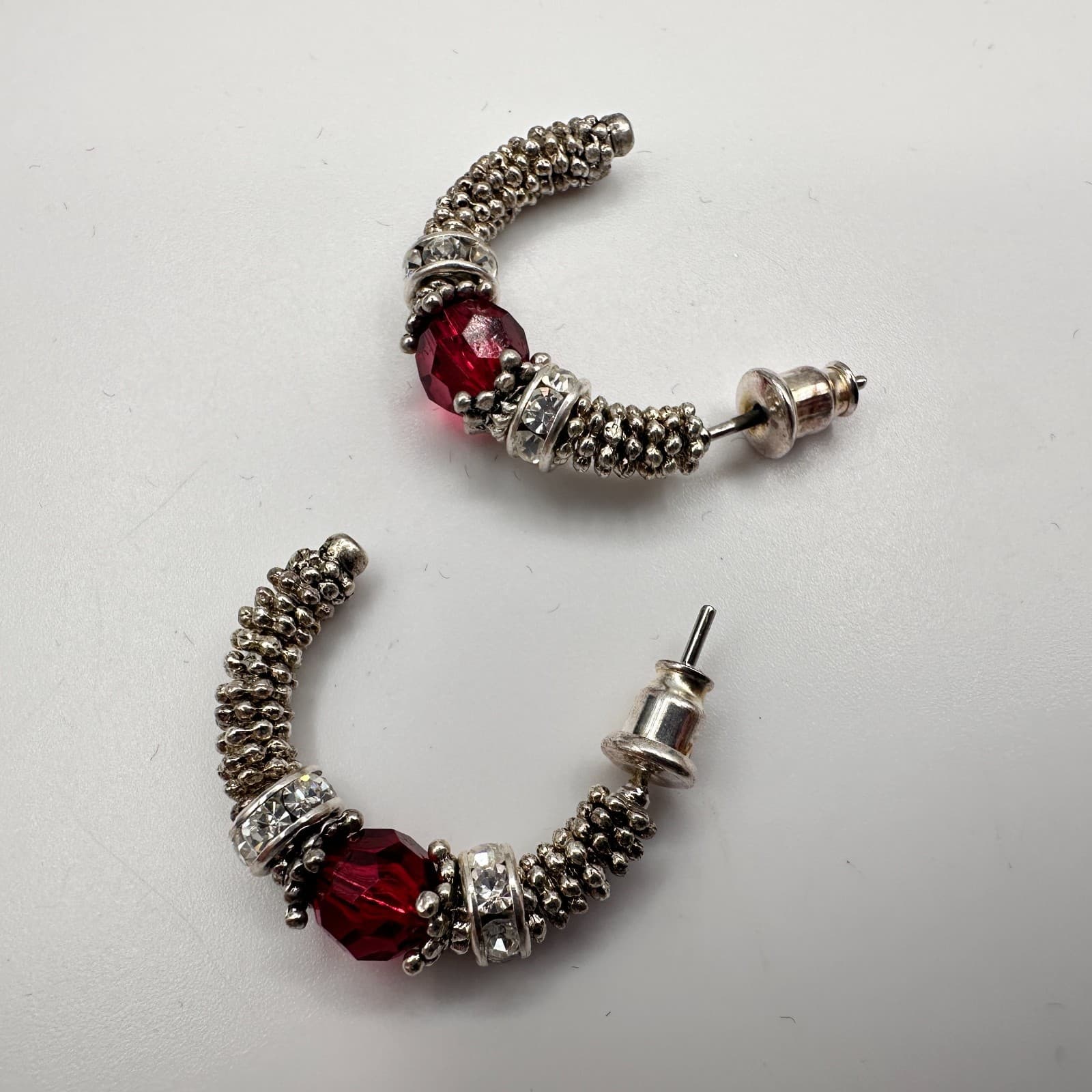 Vintage 80s 90s Silver Tone Hoop Earrings Red Crystal Beaded Clear Rhinestone - Thumbnail 6