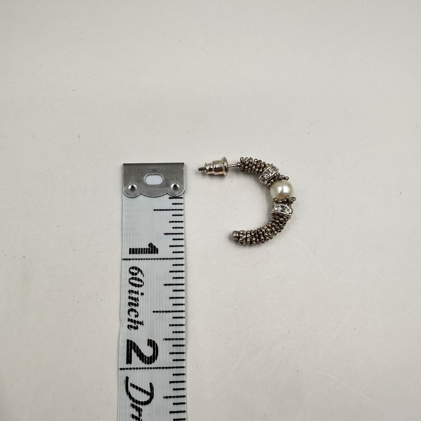 Vintage 80s Chunky Silver-Tone C-Hoop Earrings Faux Pearl Crystal Accent Jewelry - Thumbnail 6