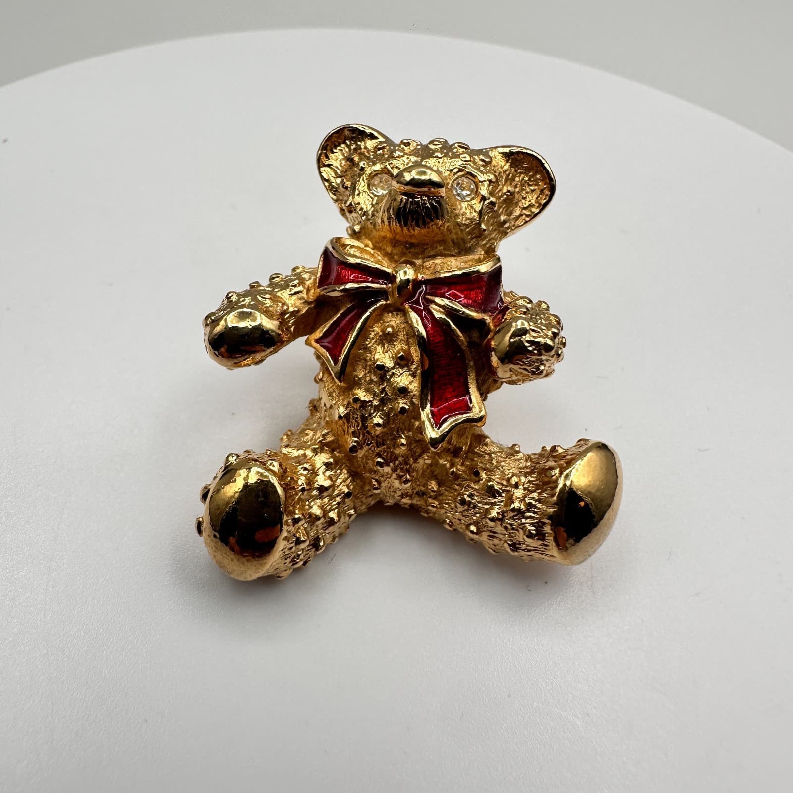 Vintage 80s Gold Tone Teddy Bear Brooch Pin Red Enamel Rhinestone Eyes Jewelry - Thumbnail 2