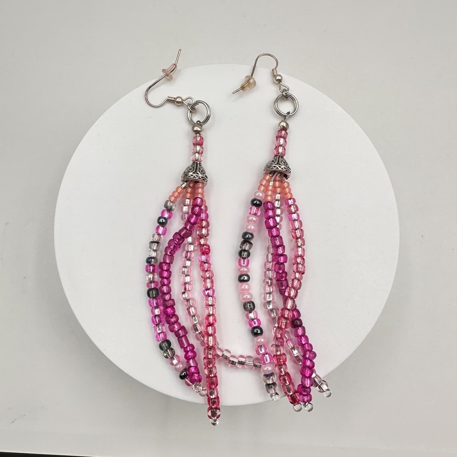 Vintage Y2K Beaded Tassel Dangle Earrings Silver Tone Boho Statement Jewelry - Image 1