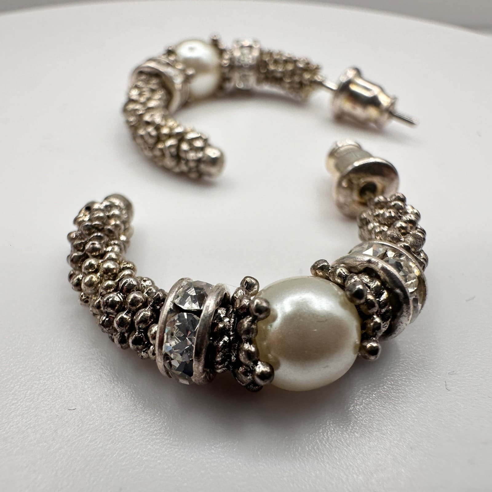 Vintage 80s Chunky Silver-Tone C-Hoop Earrings Faux Pearl Crystal Accent Jewelry - Thumbnail 3