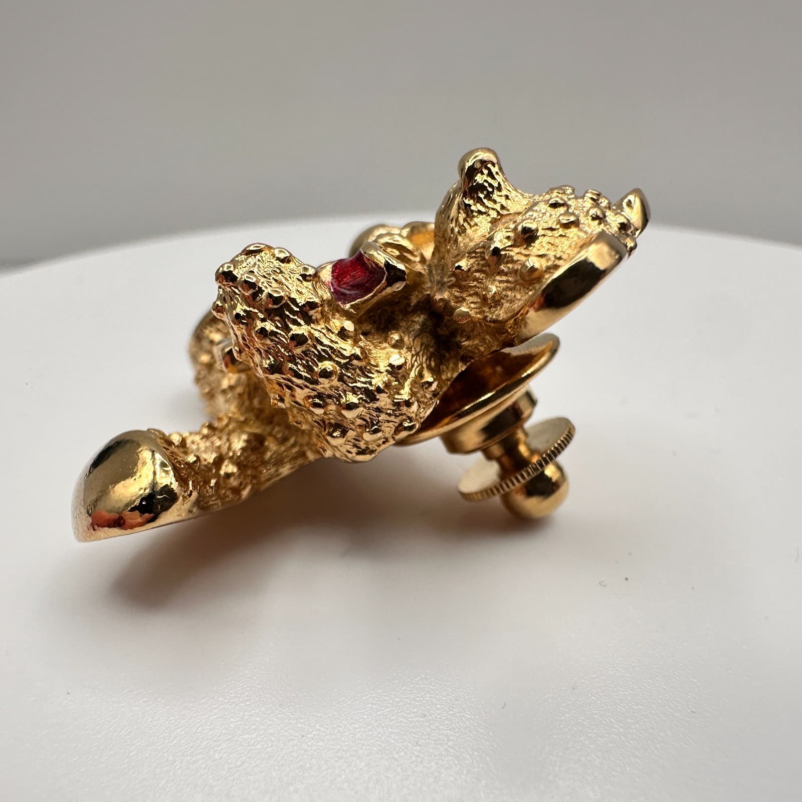 Vintage 80s Gold Tone Teddy Bear Brooch Pin Red Enamel Rhinestone Eyes Jewelry - Thumbnail 4