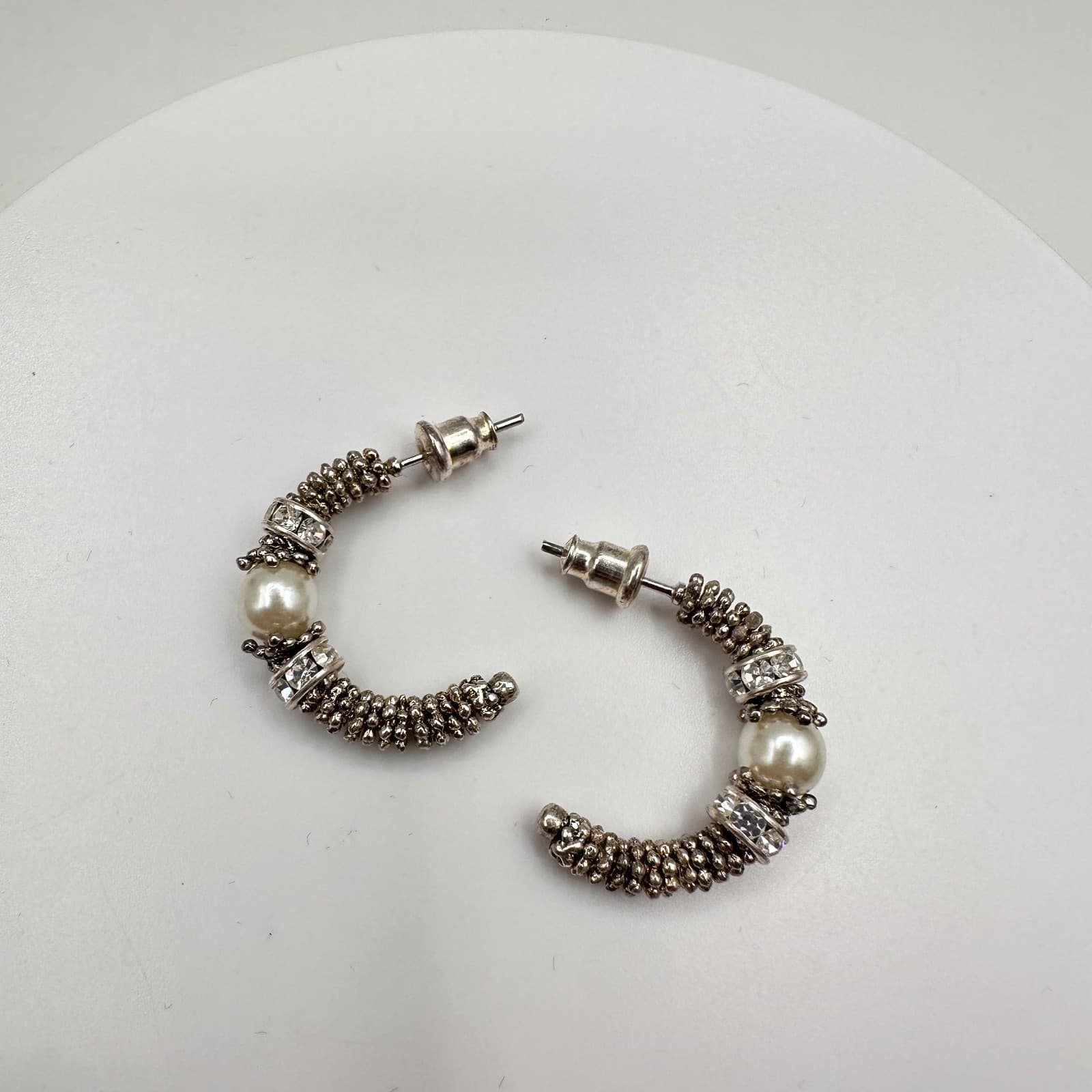 Vintage 80s Chunky Silver-Tone C-Hoop Earrings Faux Pearl Crystal Accent Jewelry - Thumbnail 2