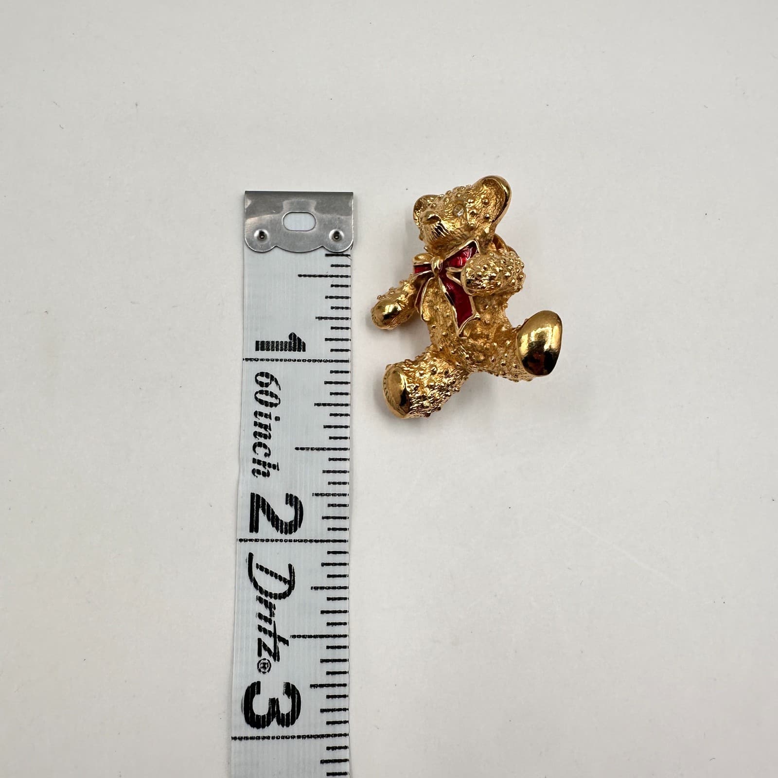 Vintage 80s Gold Tone Teddy Bear Brooch Pin Red Enamel Rhinestone Eyes Jewelry - Thumbnail 7