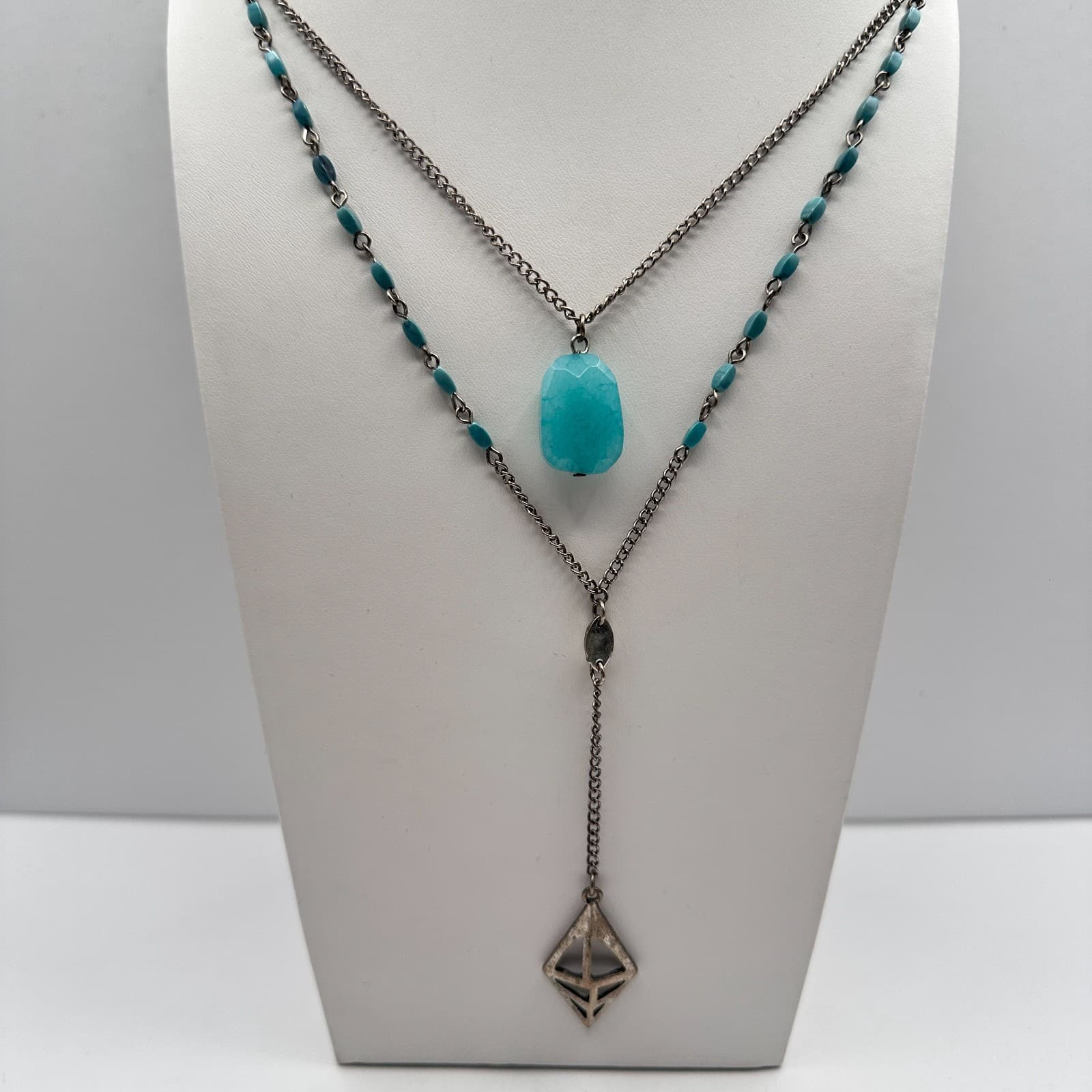 Vintage Y2K Multi Stand Necklace Silver Tone Faux Turquoise Blue Stone Jewelry - Thumbnail 7