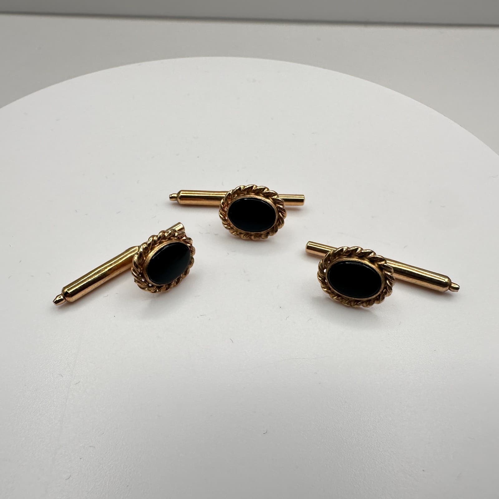 Vintage 90s Gold Tone Twisted Rope Edge Black Onyx Cufflinks Set Jewelry - Thumbnail 2