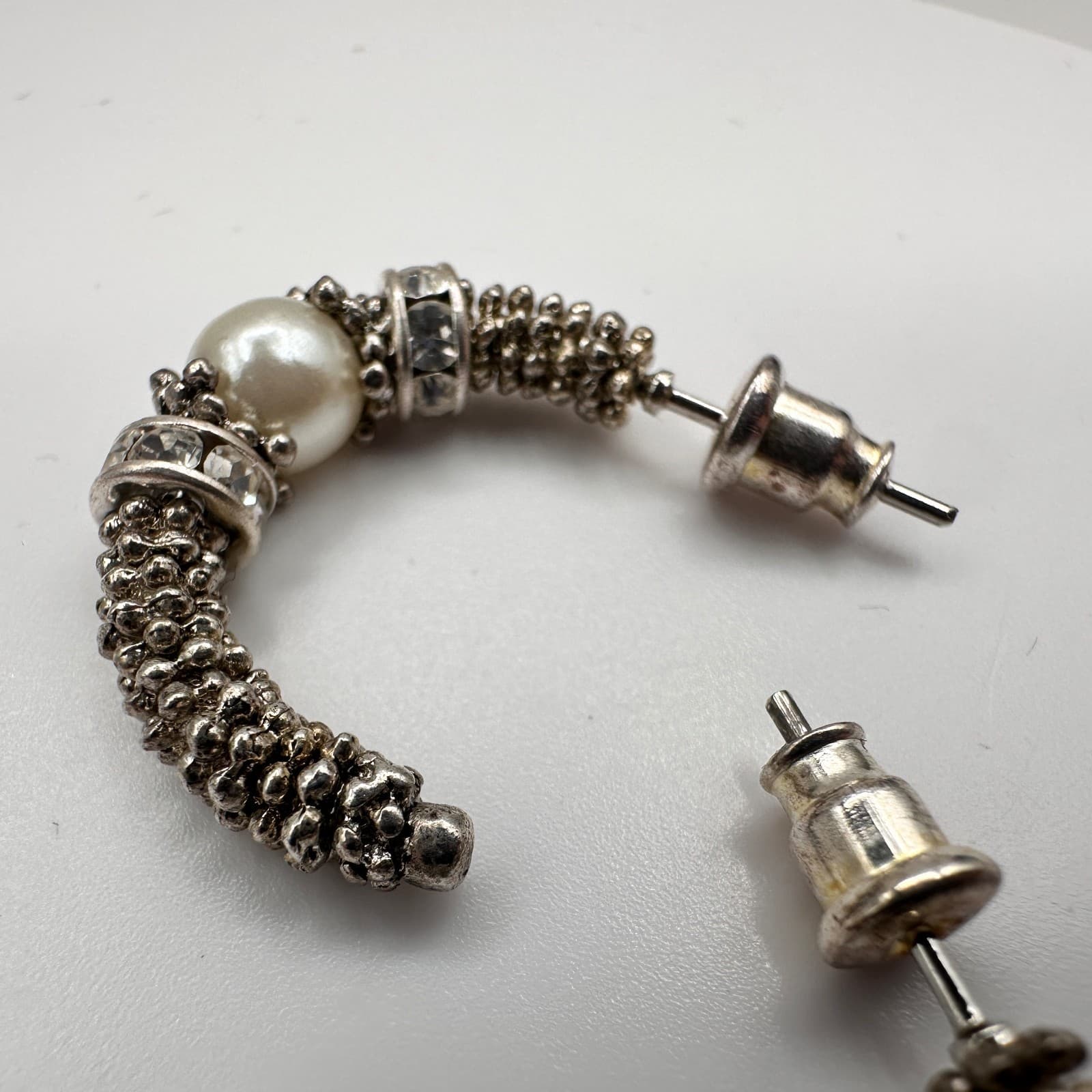 Vintage 80s Chunky Silver-Tone C-Hoop Earrings Faux Pearl Crystal Accent Jewelry - Thumbnail 5