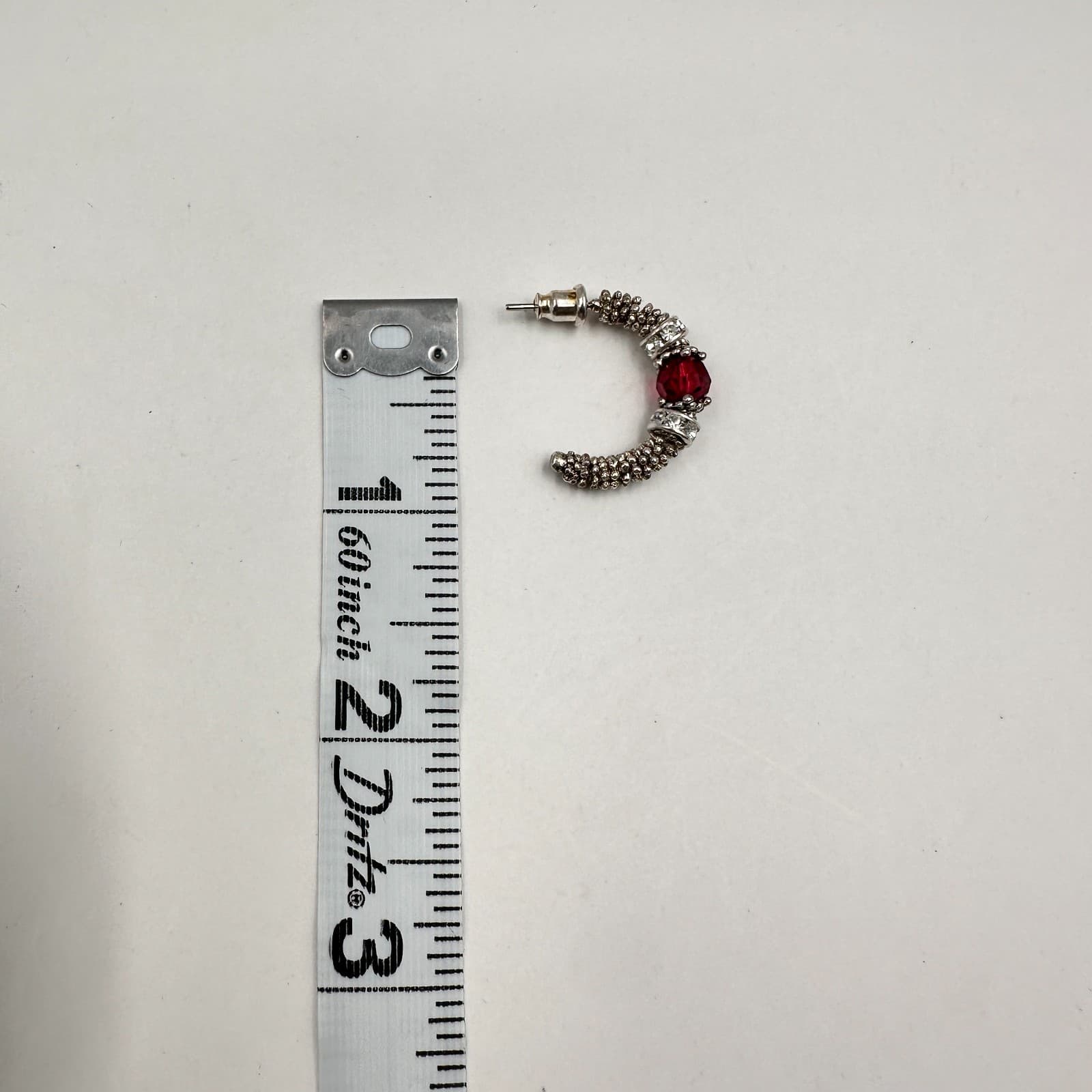 Vintage 80s 90s Silver Tone Hoop Earrings Red Crystal Beaded Clear Rhinestone - Thumbnail 7