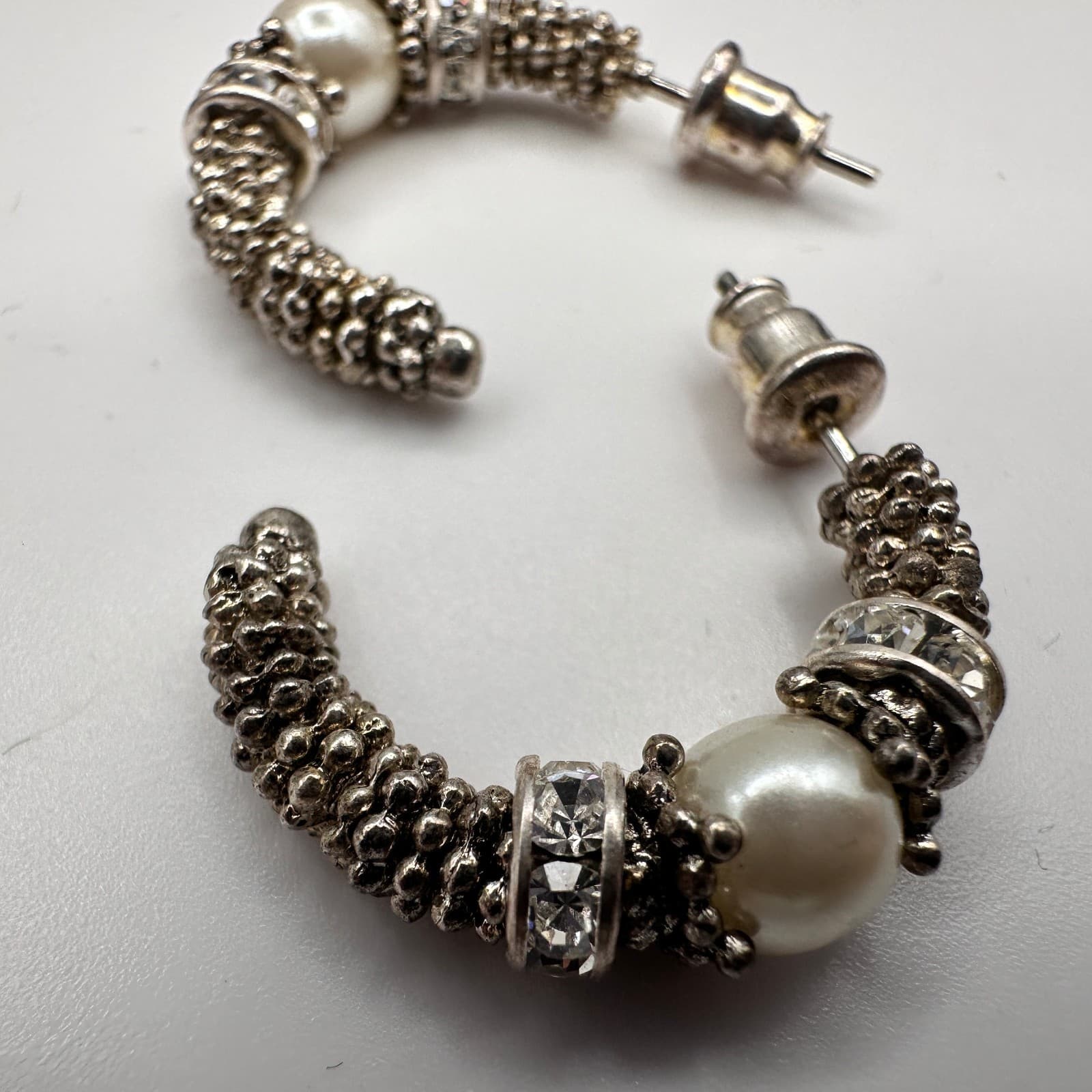 Vintage 80s Chunky Silver-Tone C-Hoop Earrings Faux Pearl Crystal Accent Jewelry - Thumbnail 4