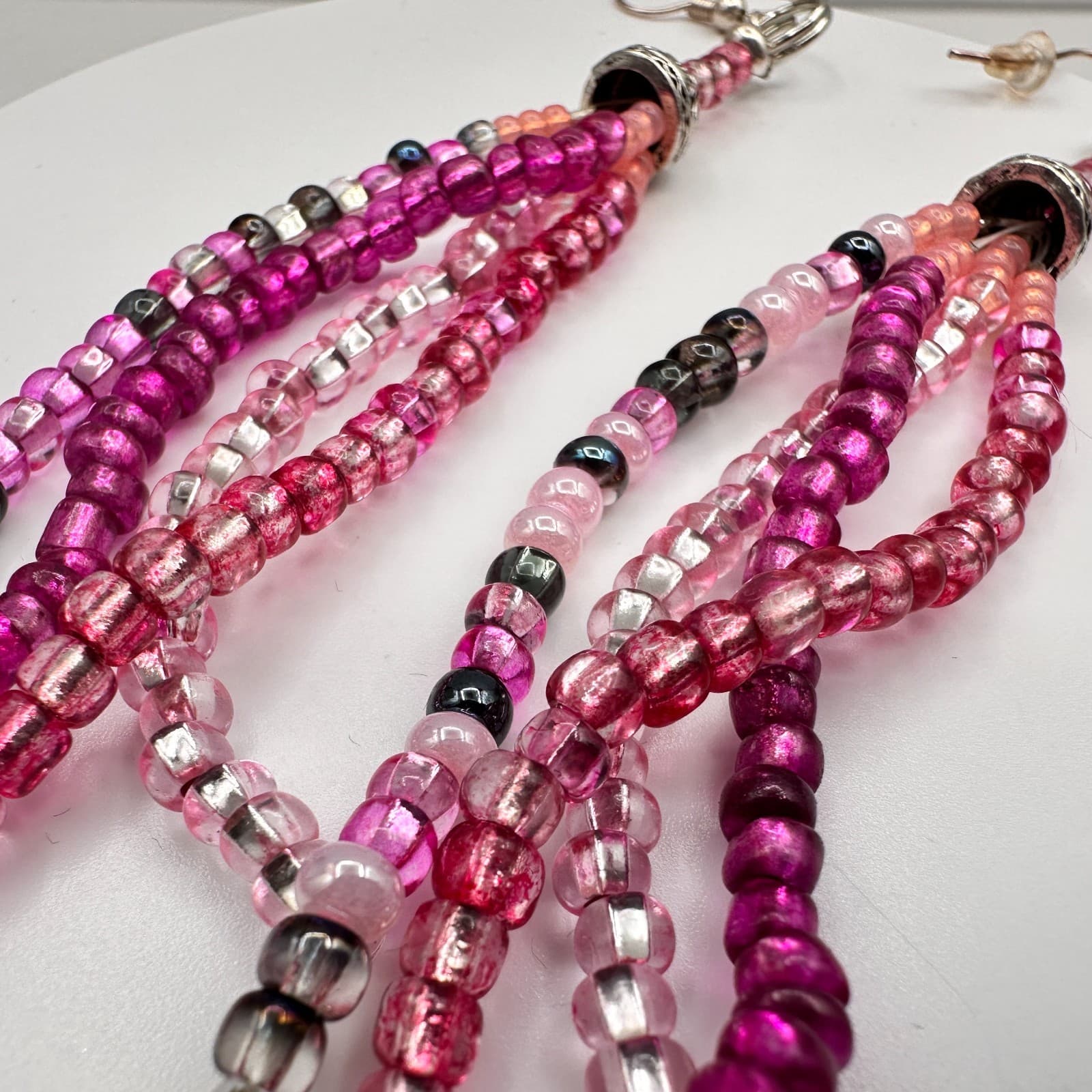 Vintage Y2K Beaded Tassel Dangle Earrings Silver Tone Boho Statement Jewelry - Thumbnail 7